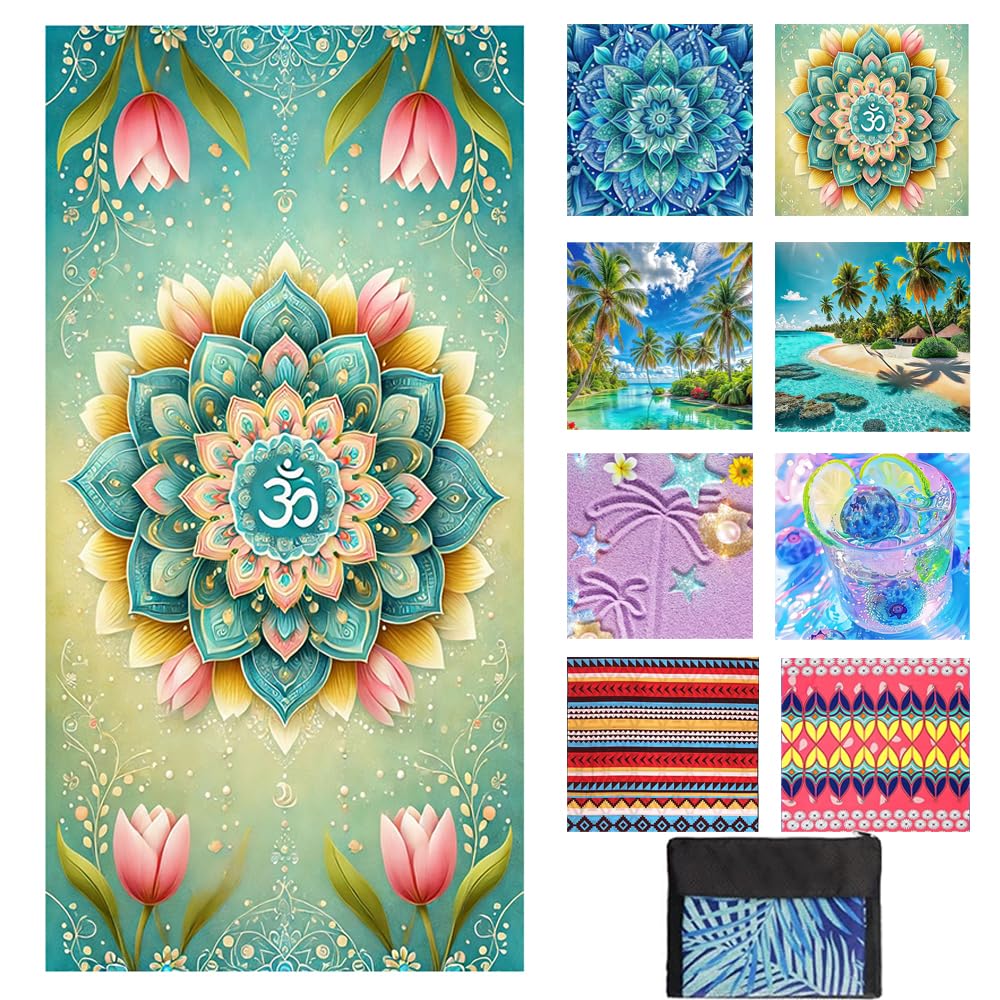 JAODFK Microfibre Beach Towel 71"X32" Quick Dry Lightweight Sand Free Extra Large Thin Towels Travel Essentials For Adults Womens Swim Bath Accessories Mats Holiday Must Haves Green Mandala