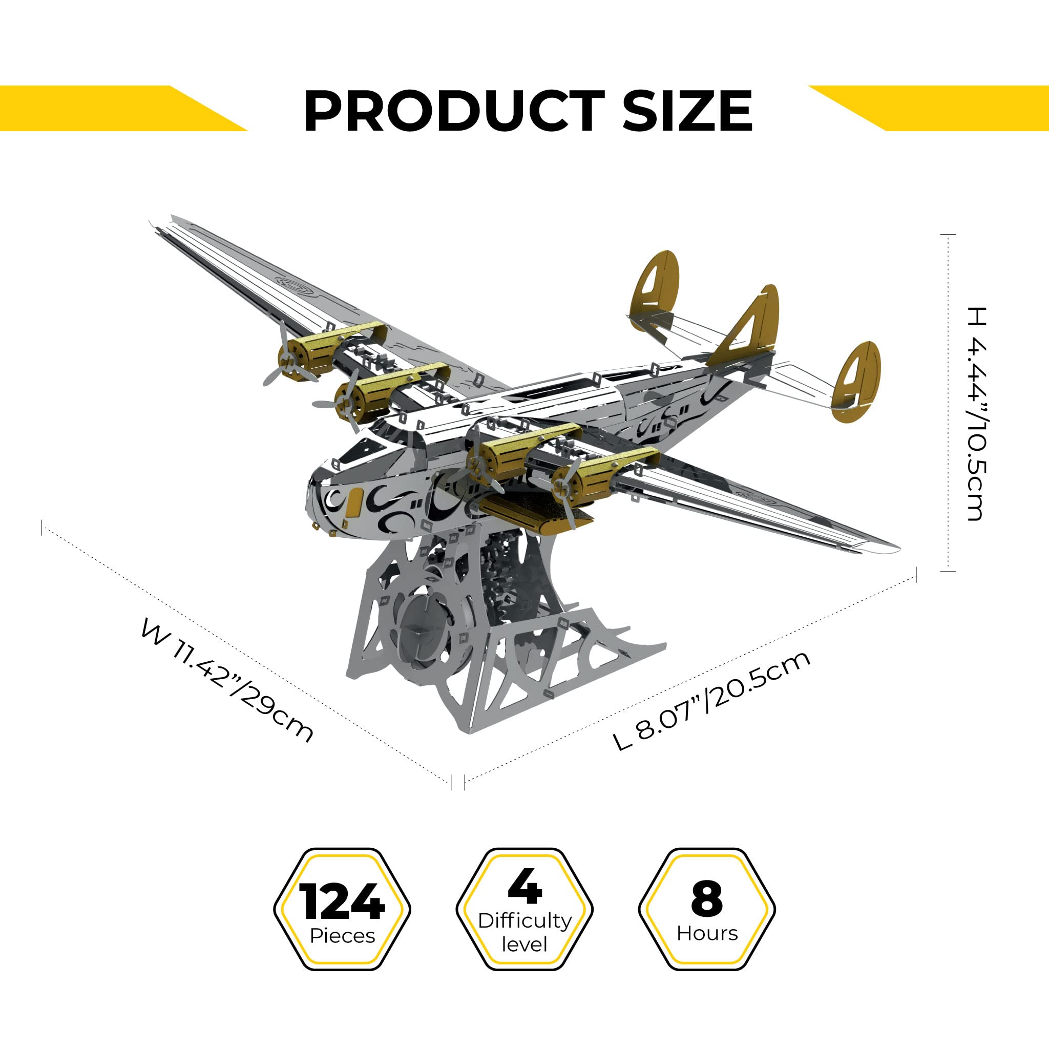 METAL-TIME Boeing-314-Modell, SPLASHING DREAMER, 3D-Flugzeugmodell aus Metall, mechanischer Bausatz, einzigartiger Aufziehmechanismus, DIY-Konstruktion aus Edelstahl mit Werkzeugkasten – 124 Teile.