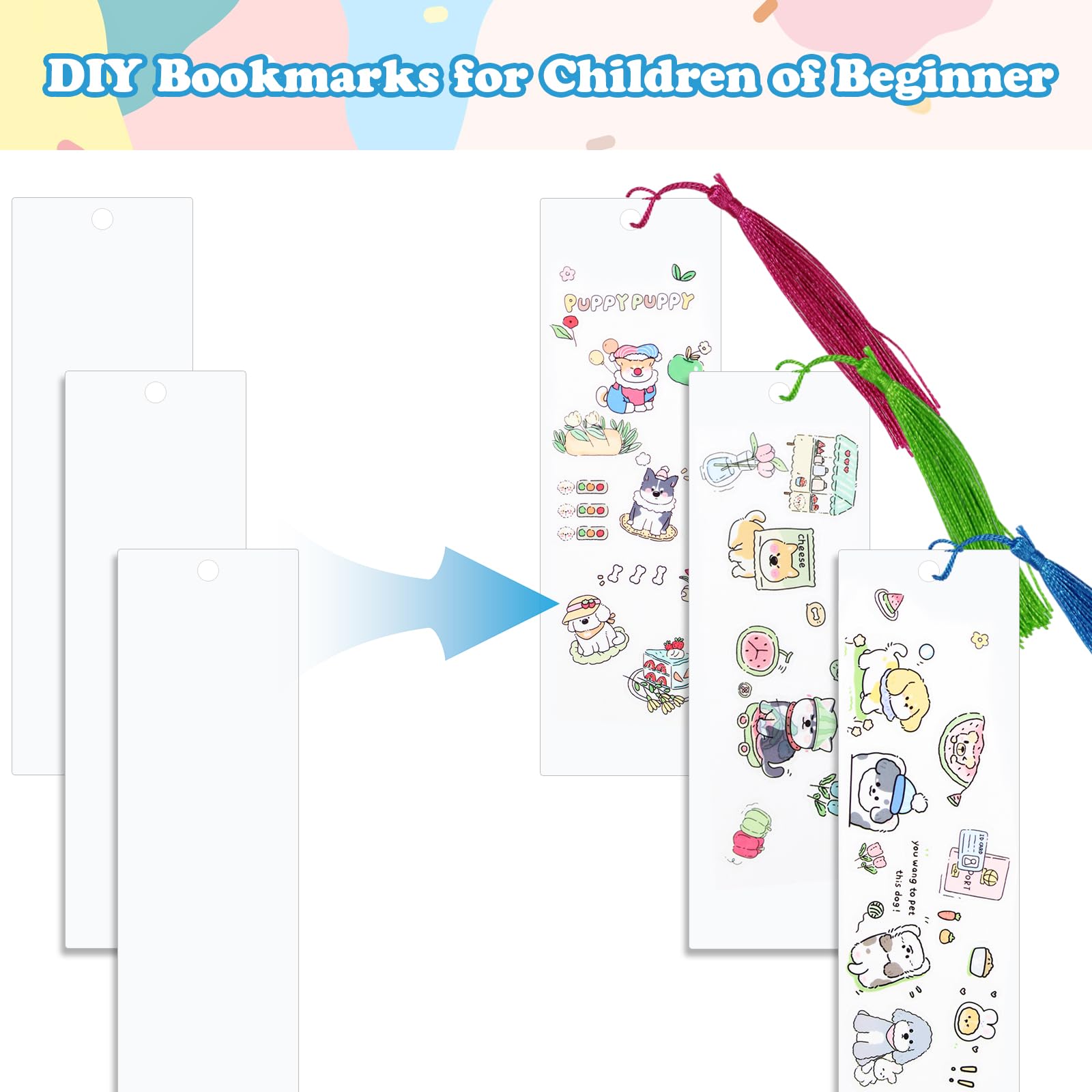 Make Your Own Bookmark, Book Mark Making for Family 20 White Blank Paper Bookmarks with 1 Pack of Stickers and 20 Tassels - Image 2