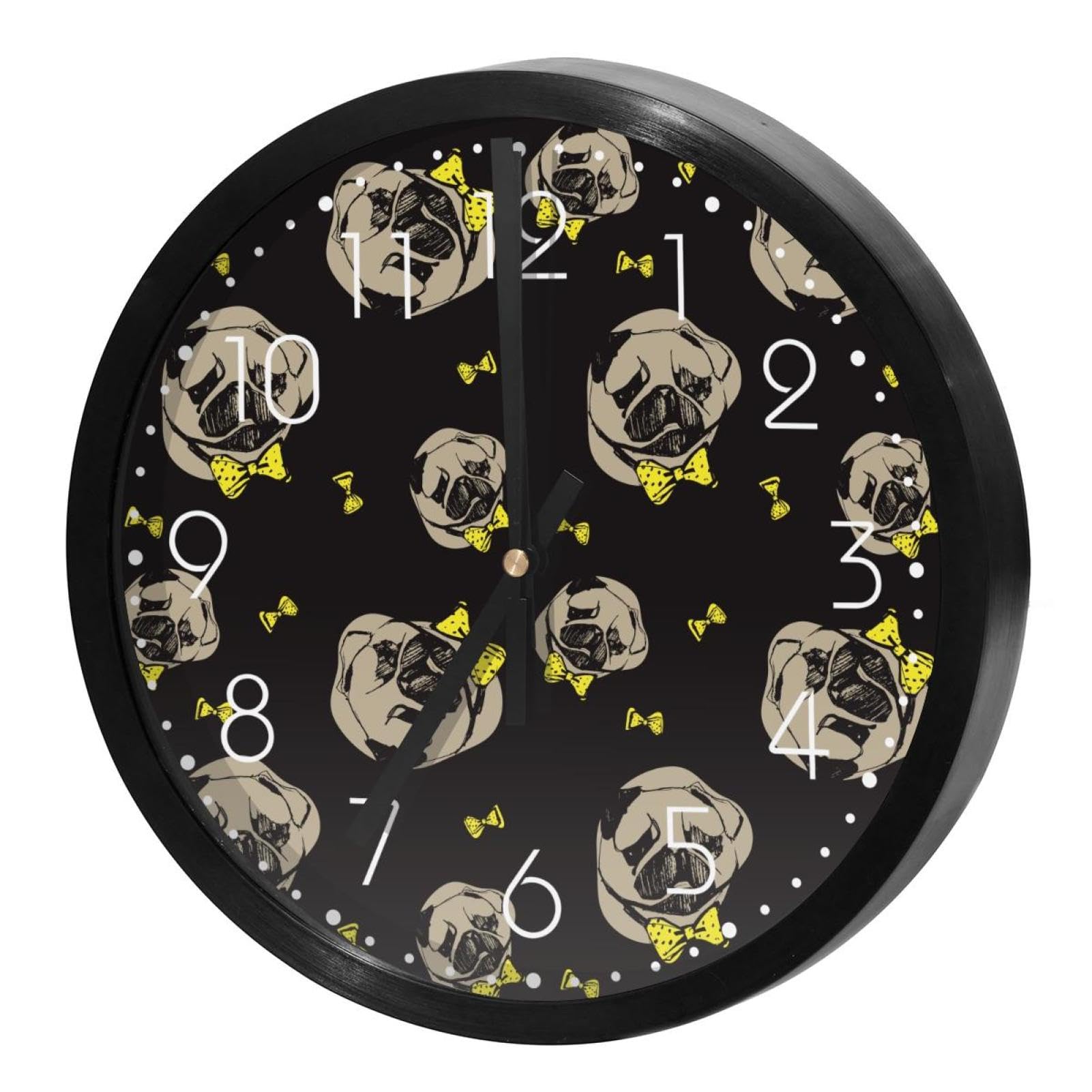 Horloge murale silencieuse Carlin avec nœud jaune, pendule ronde à quartz noir