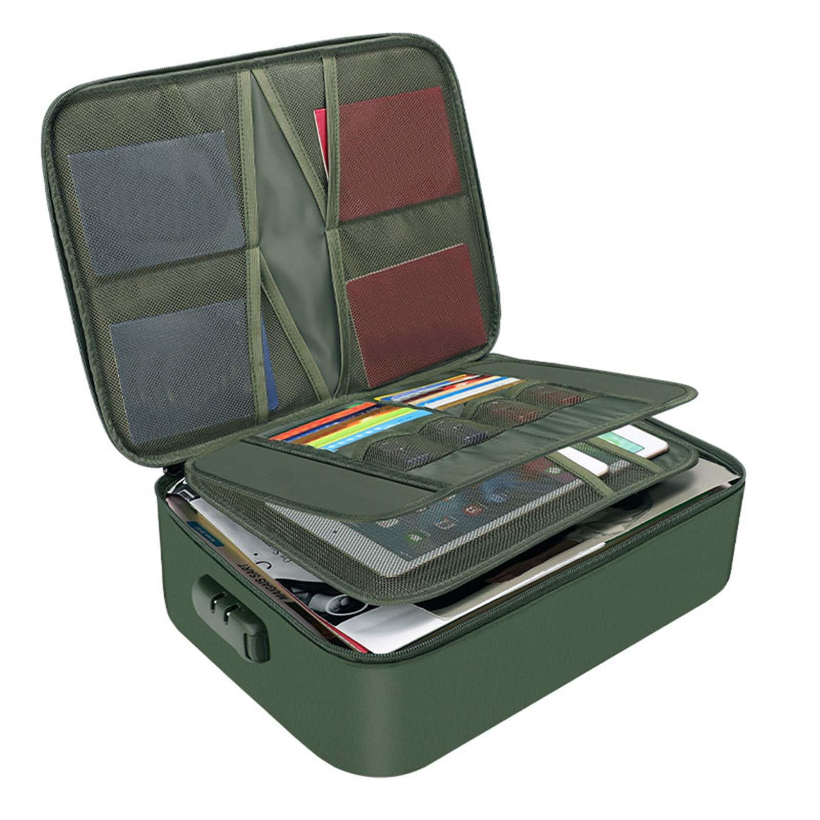 Fireproof Document Box, Waterproof File Organiser Box, Safe Portable Home Fire Lockable Storage Boxes, Collapsible Travel Document Holder, File Storage Boxs with Inserts Bags and Zipper (Green)