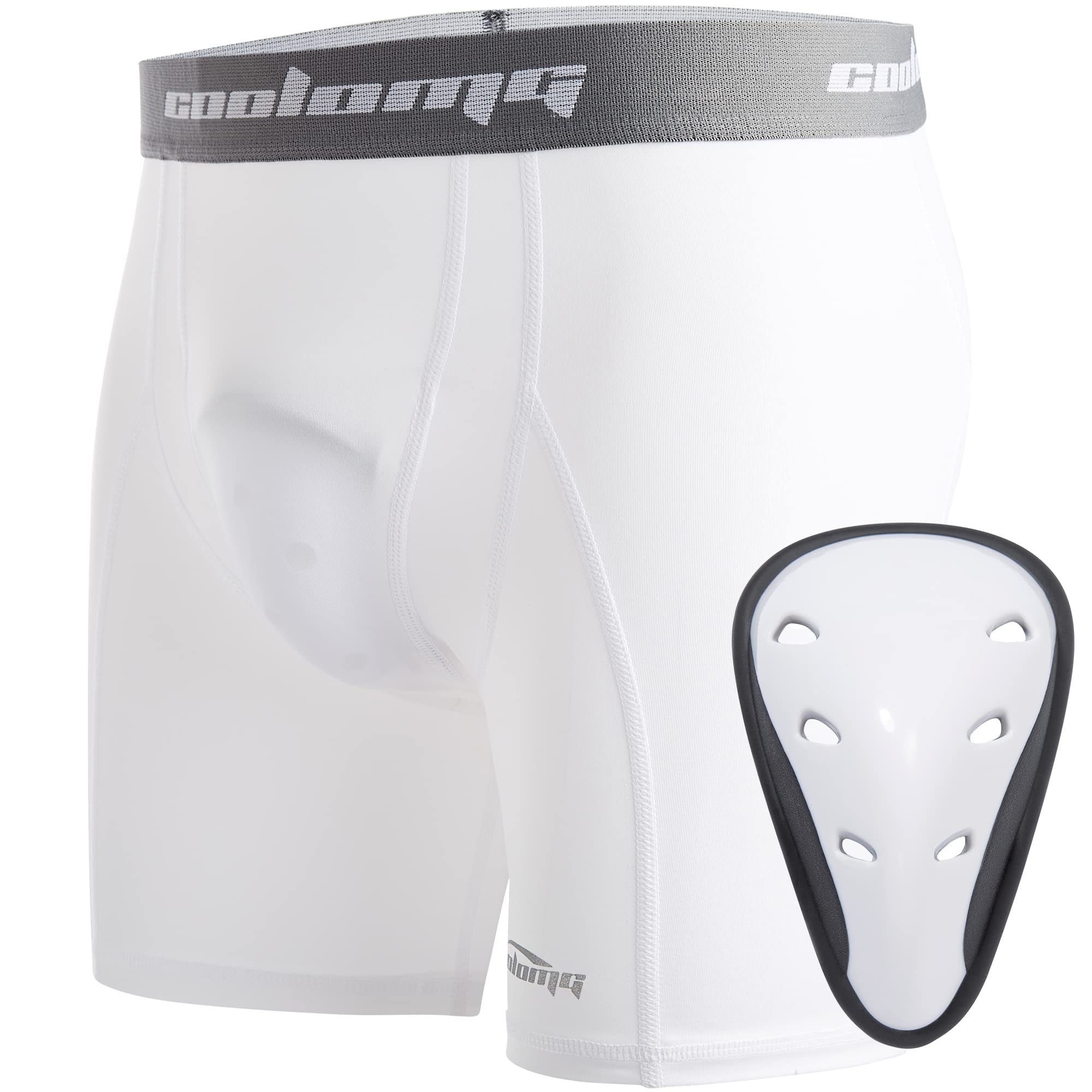 COOLOMG Youth Boys Sliding Shorts with Protective Cup Baseball Football (White, X-Large)