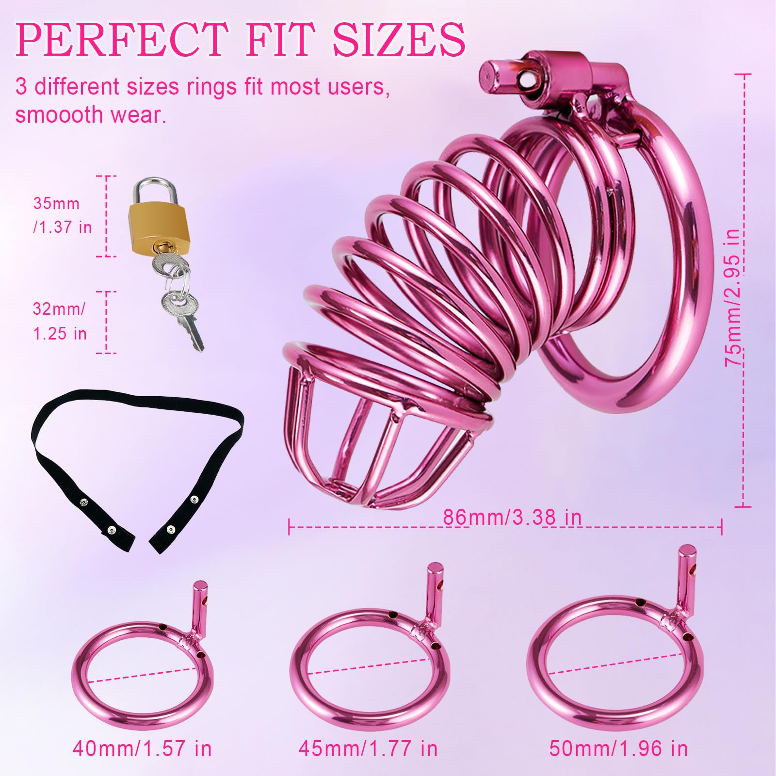Gabbia Per Pene - Chastity Cage Con Cintura Di Castità, Gabbia Di Castità Uomo Anelli In 3 Misure (4 cm, 4,5 cm, 5 cm) Cock Cage Lilla In Metallo, Gabbia Pene Bondage BDSM Sex Toy Per Uomini