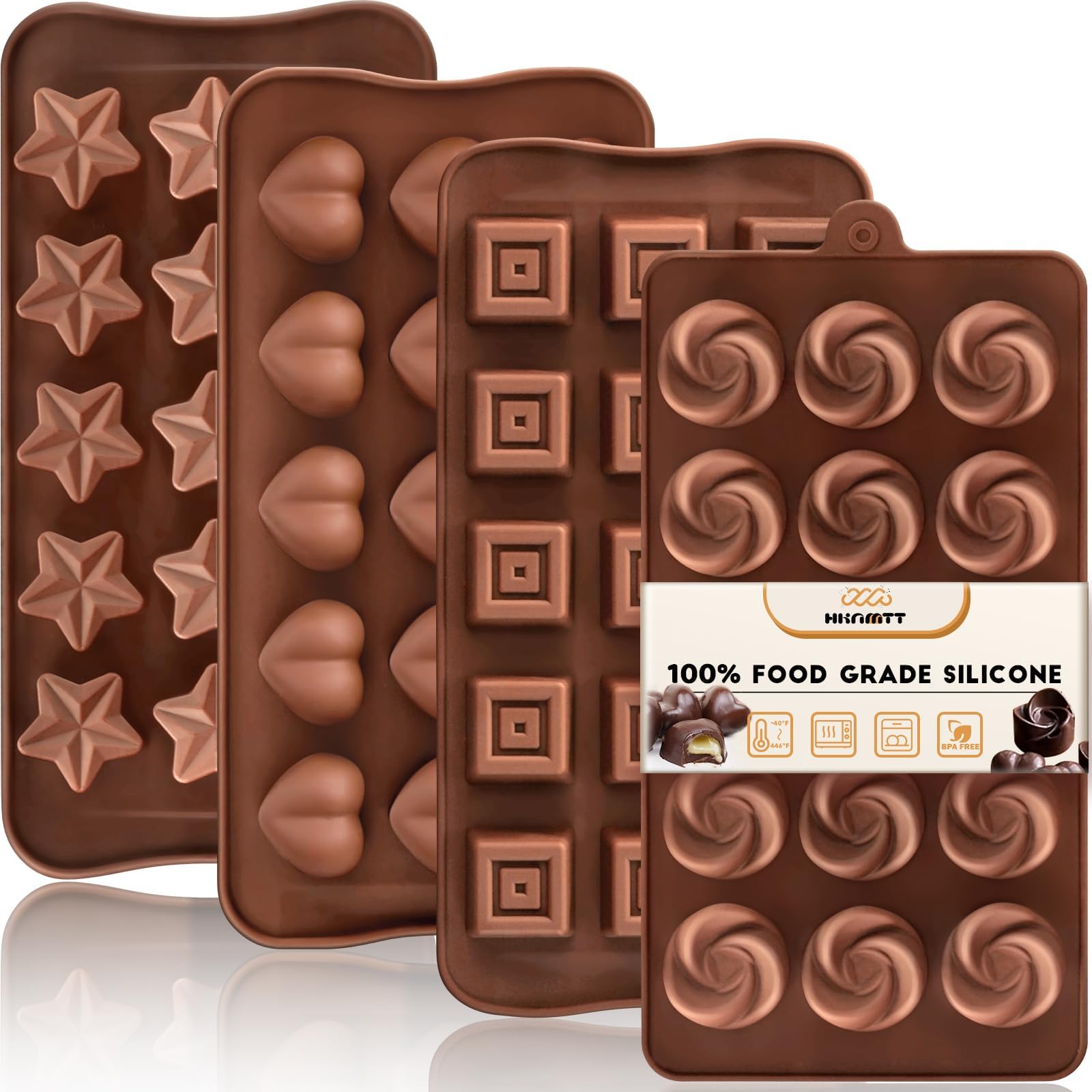 Chocolate Molds Silicone for Hard Candy Butter, 4 Pcs Small Bite Size Heart Star Sqaure Shapes Truffle Caramel Mould, Homemade Wax Melts Food Grade Baking Set Oven Safe Kit