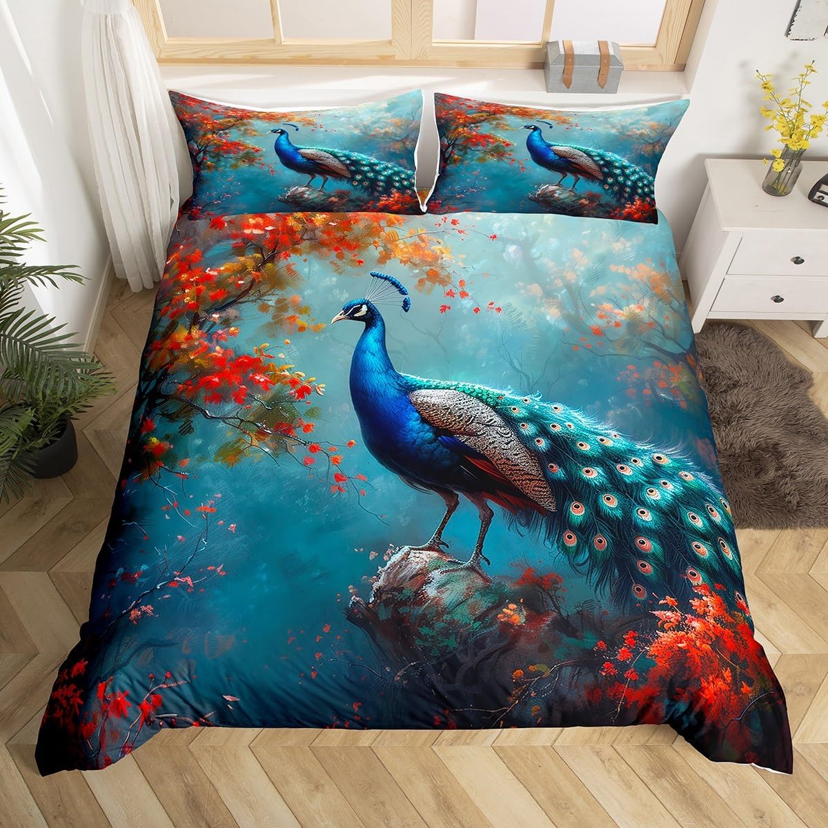 Erosebridal Girls Boho Dragonfly Comforter Cover Queen Oil Painting Abstract White Flower Duvet Cover Teal Dragonfly Bedding Set for Teen Women,Exotic Aesthetics Animal Bed Set Zipper 3 Pcs