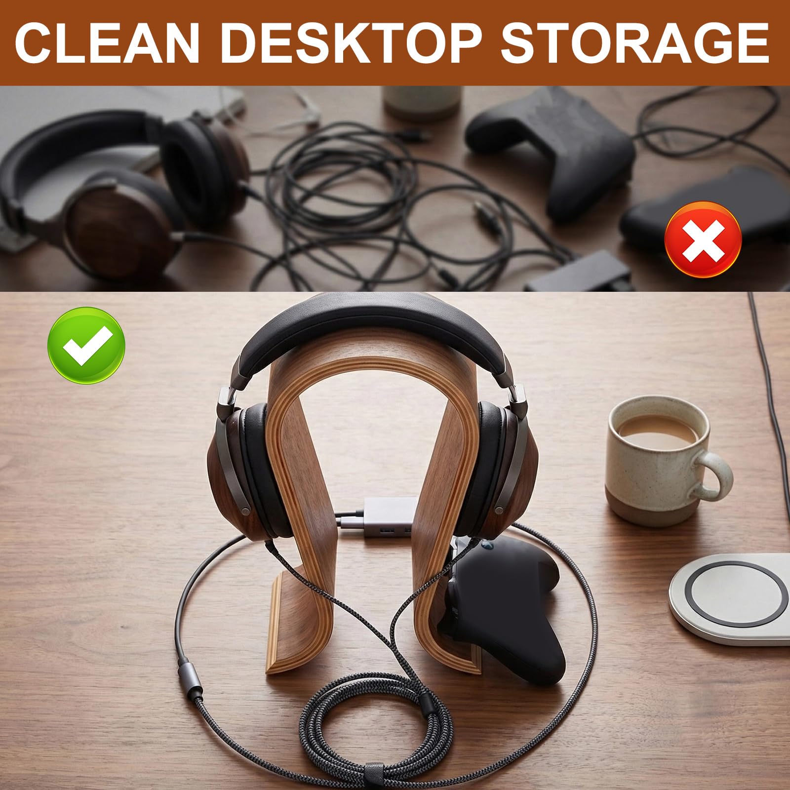 Support de casque en bois de noyer pour casque de bureau, support de casque de jeu, design de pont d'arc, compatibilité universelle
