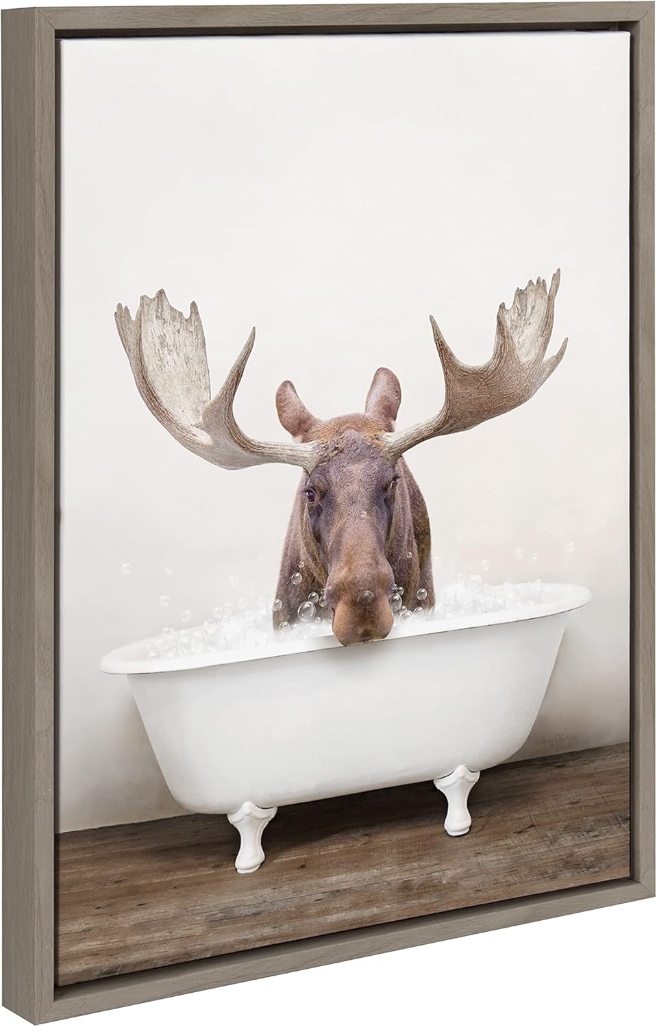 Kate and Laurel Sylvie Moose Rustic Bubble Bath Framed Canvas Wall Art by Amy Peterson Art Studio; 18x24 Gray; Modern Fun Decorative Bathtub Wall Art for Home Décor