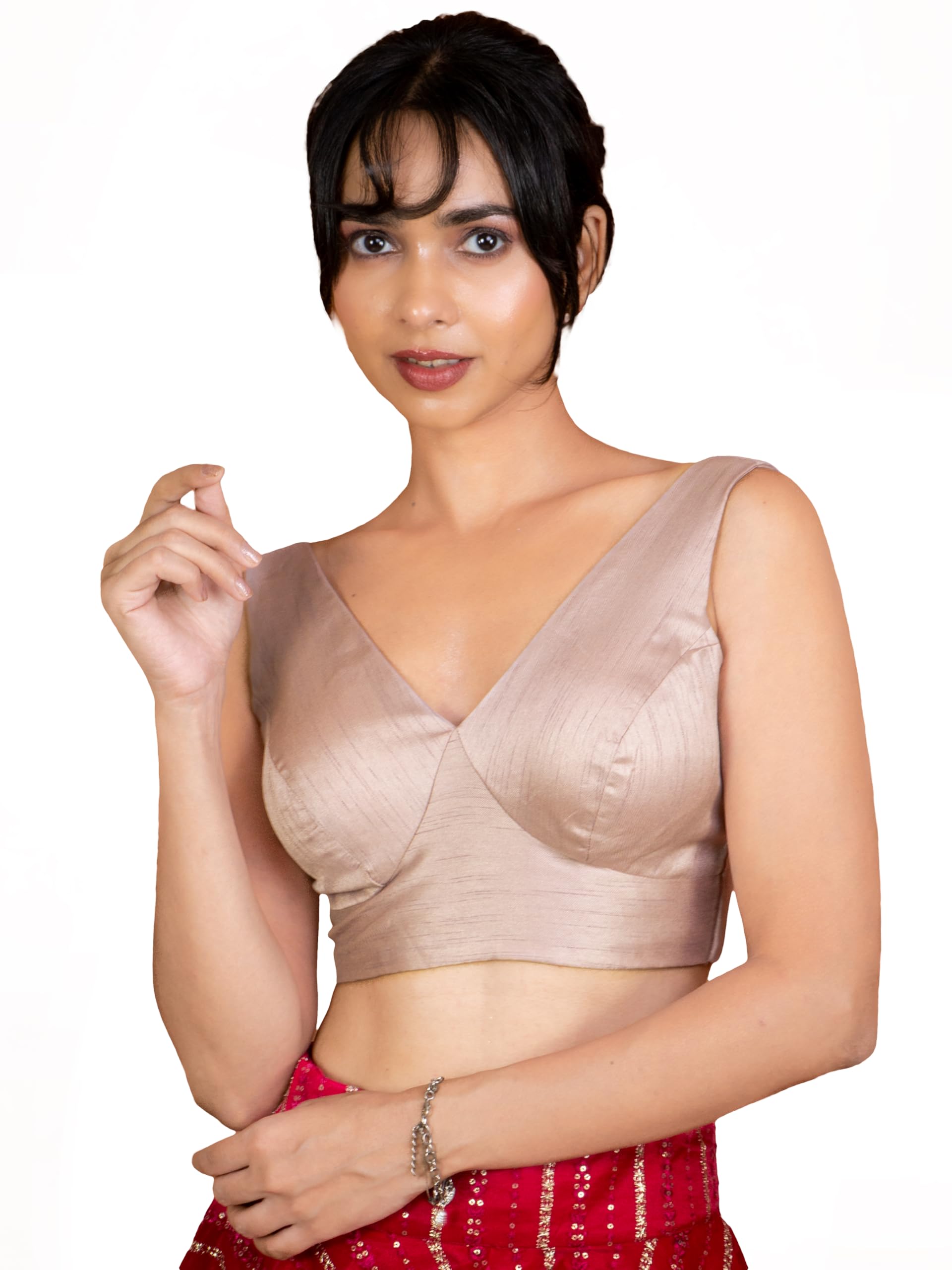 Women's Dupion Raw Silk Sleeveless V Neck Sabyasachi Cut Readymade Saree Blouse Padded Stitched Lining Designer Indian Festive Blouse | S4-image-41