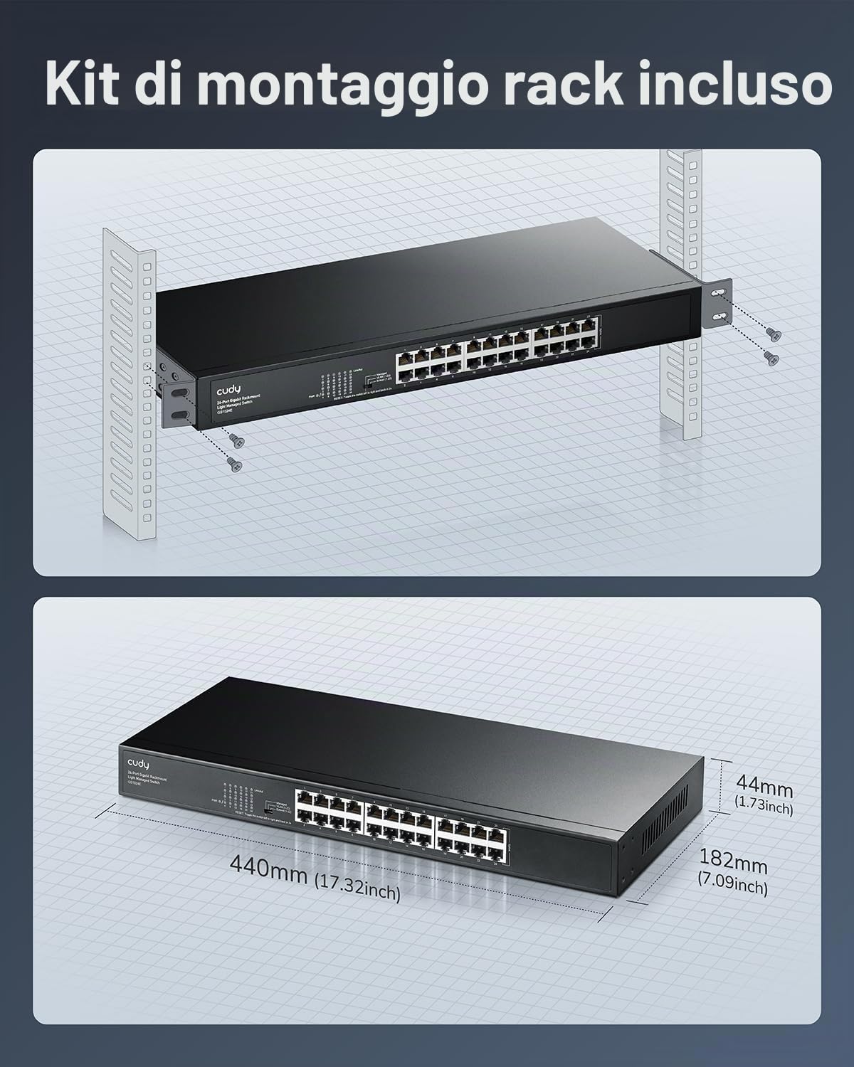 Cudy GS1024E Switch Gigabit Smart Managed 24 Porte Light, Plug & Play, Robustissimo Metallo, Porte Schermate, QoS, VLAN, IGMP, LAG, Montabile in Rack