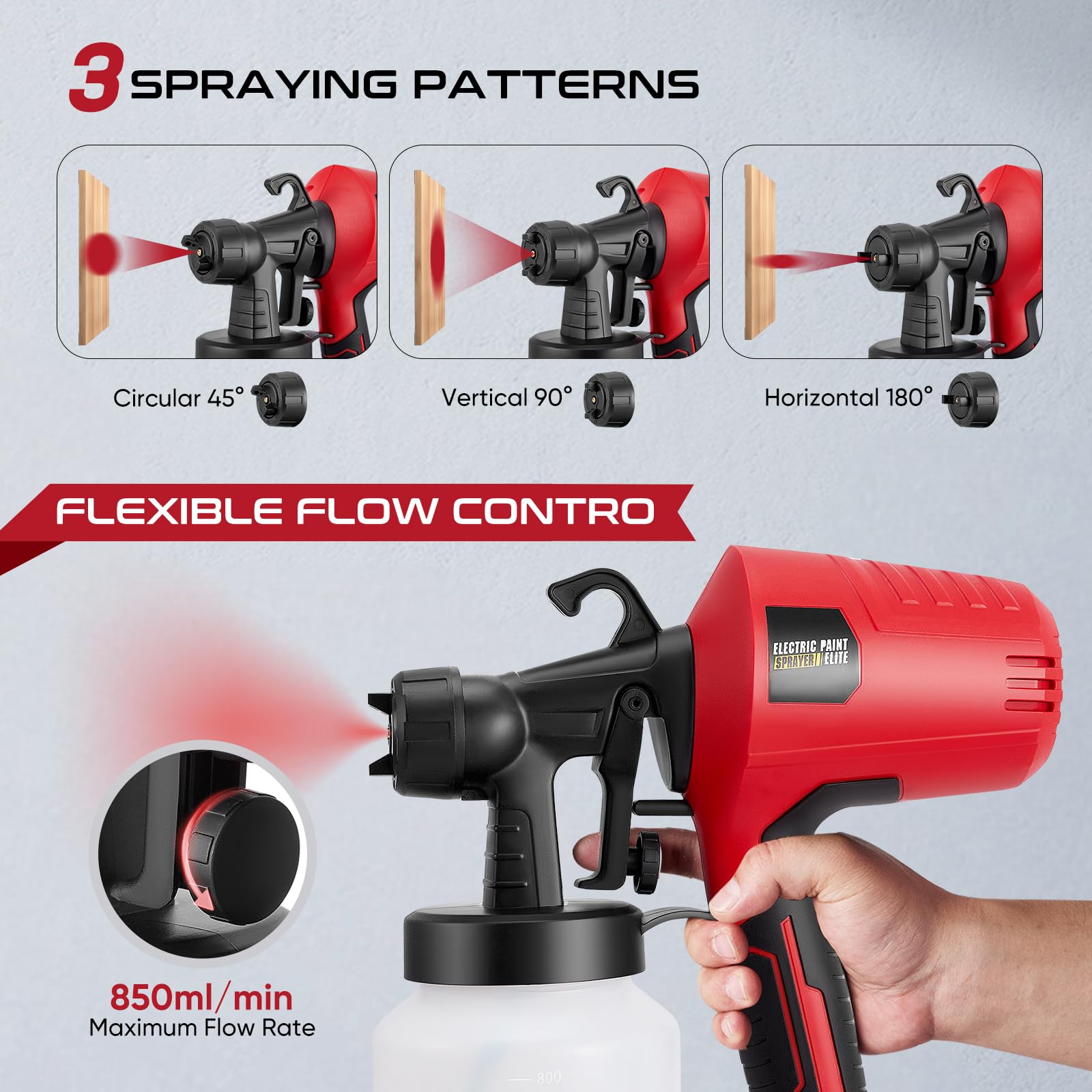 Sistema de pulverización de pintura, 500 W HVLP pistola de pintura eléctrica con 4 boquillas y 3 patrones de pulverización, 800 ml de flujo de pintura, pistola eléctrica para vallas, armarios, paredes
