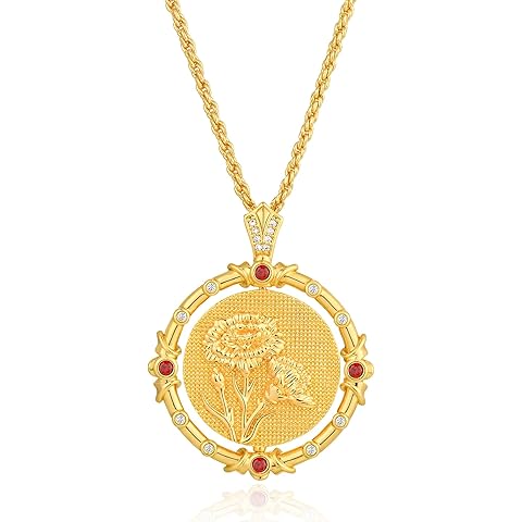 Fettero Gold Necklace for Women Birth Flower Necklace with Birthstone 14K Gold Plated Dainty Rotating Coin Pendant Necklace Personalized Birth Month Jewelry for Birthday Mother's Day Gift 12 Month