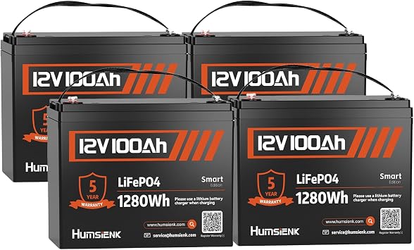 HumsiENK 12V 100Ah LiFePO4 Lithium Battery with Bluetooth, 1280Wh, Built-in 100A BMS, Deep Cycle, for RV, Marine, Trolling Motor, Off-Grid, 4 Pack