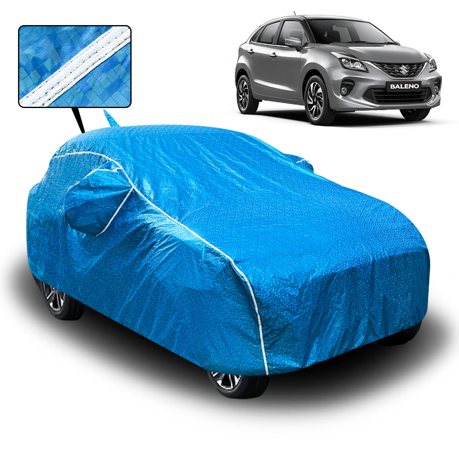 Fabtec Waterproof Car Body Cover for Maruti Baleno with Mirror and Antenna Pocket (Soft Cotton Lining Triple Stitched) (Metallic Blue with White Piping)