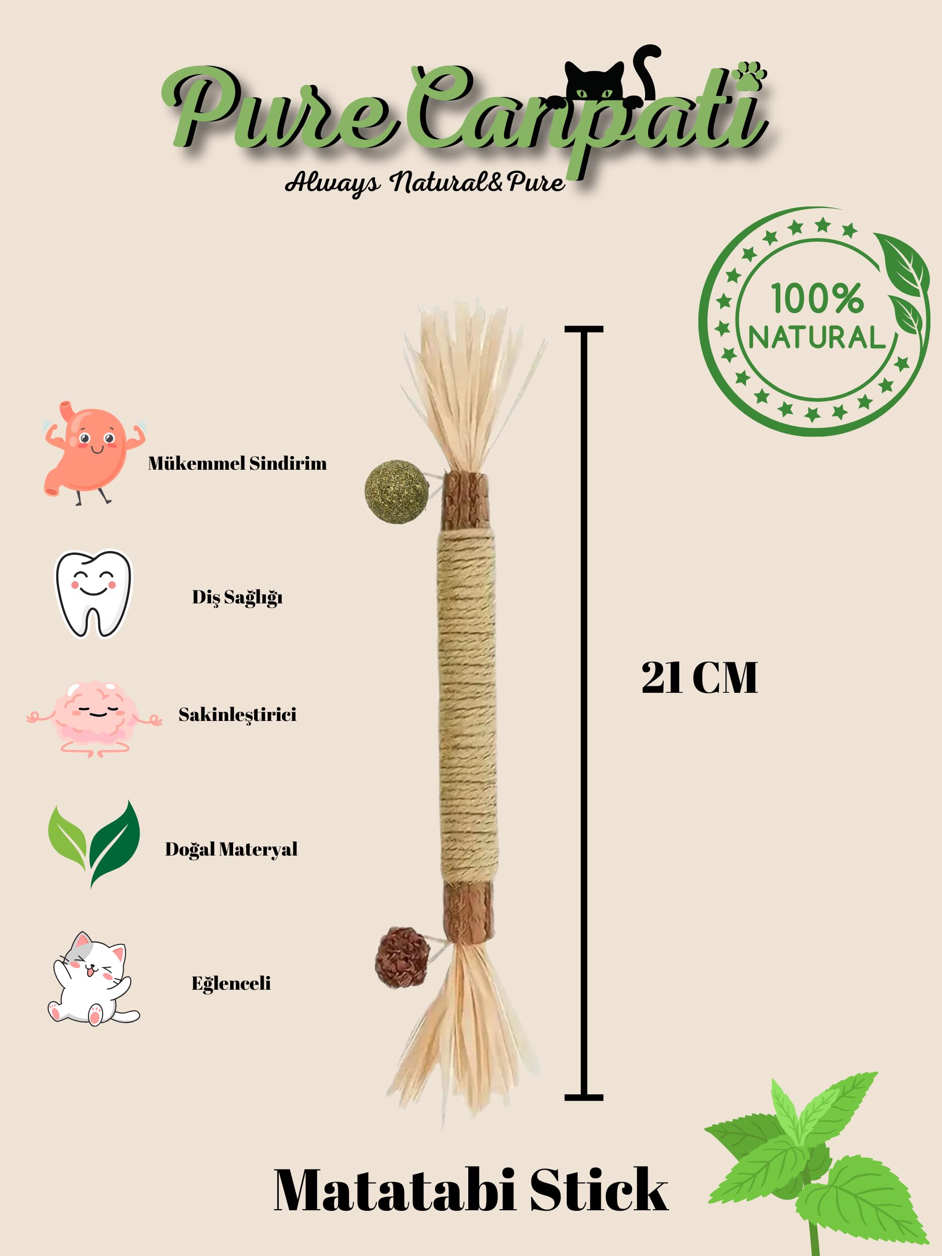 PURECANPATİ Kedi Naneli Matatabi Çubuğu– Kediler Için Doğal Oyun ve Mutluluk 3 Adet