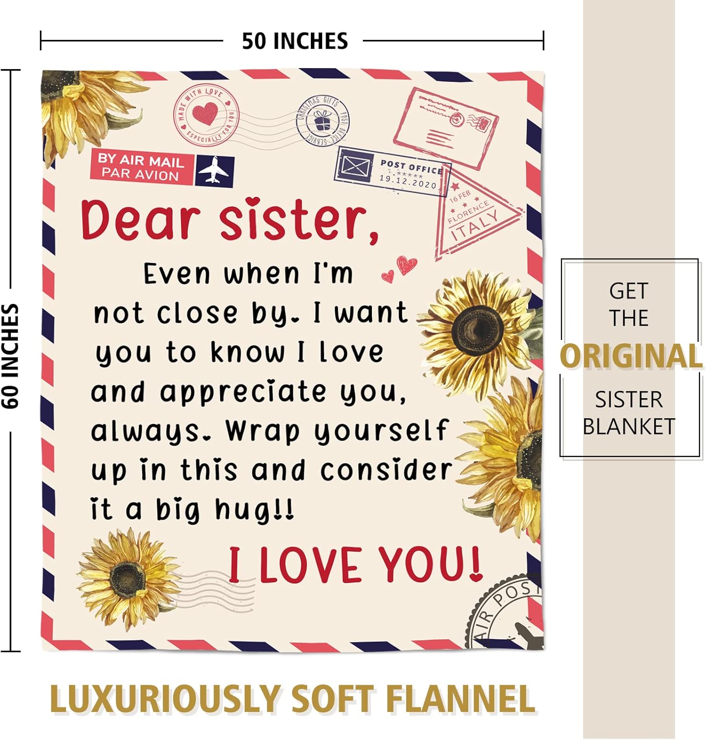 Niyewsor Sister Birthday Gifts, Sister Gifts Blanket, Sisters Gift from Sis, Present for Sisters on Mothers Day, Christmas, Dear Sis Airmail Throw Blanket, 60" * 50" - Image 5