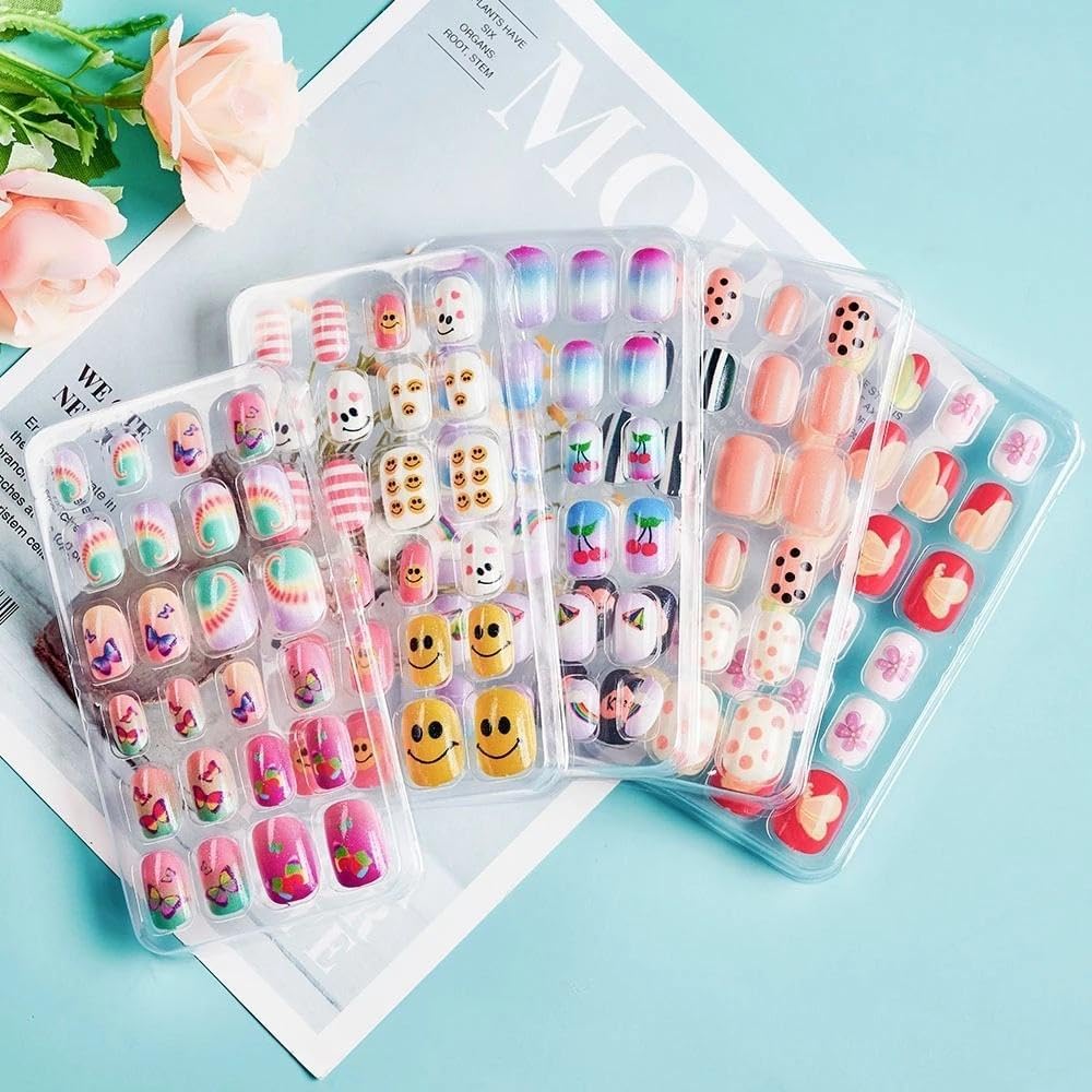 Girl's Press-On Nail Kit for Kids, Acrylic Artificial Nails, Adorable French Tip Style for Girl's Gift, Nail Art Decoration, Lightweight, Durable, Easy Application, Mixed Designs for Children (24 Pieces) Multicolour-image-37