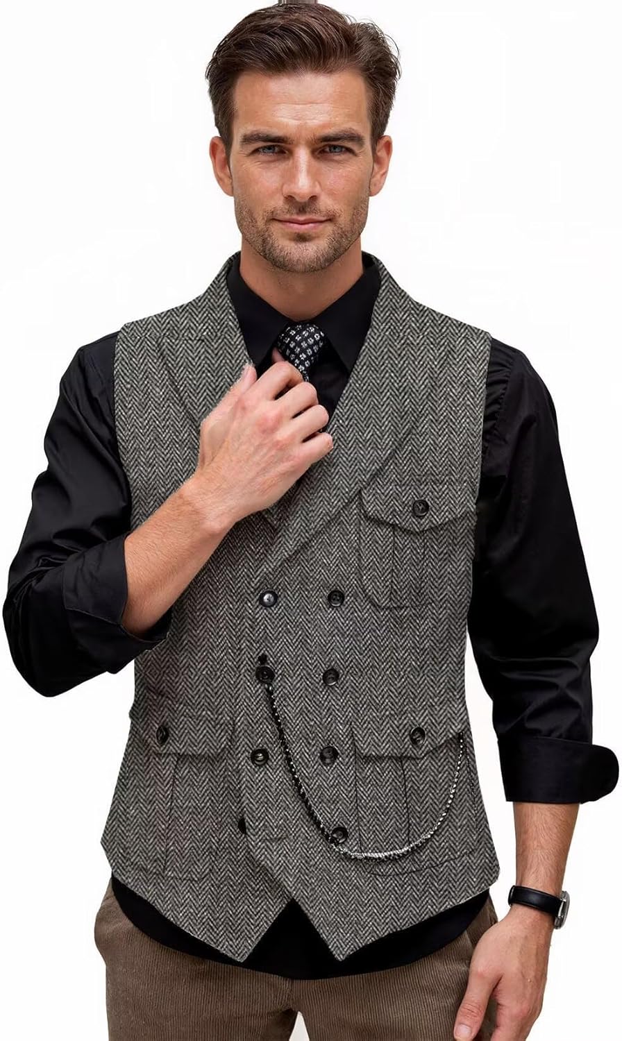 Men's Tweed Vest Double Breasted Formal Herringbone Waistcoat with Pockets - Image 3