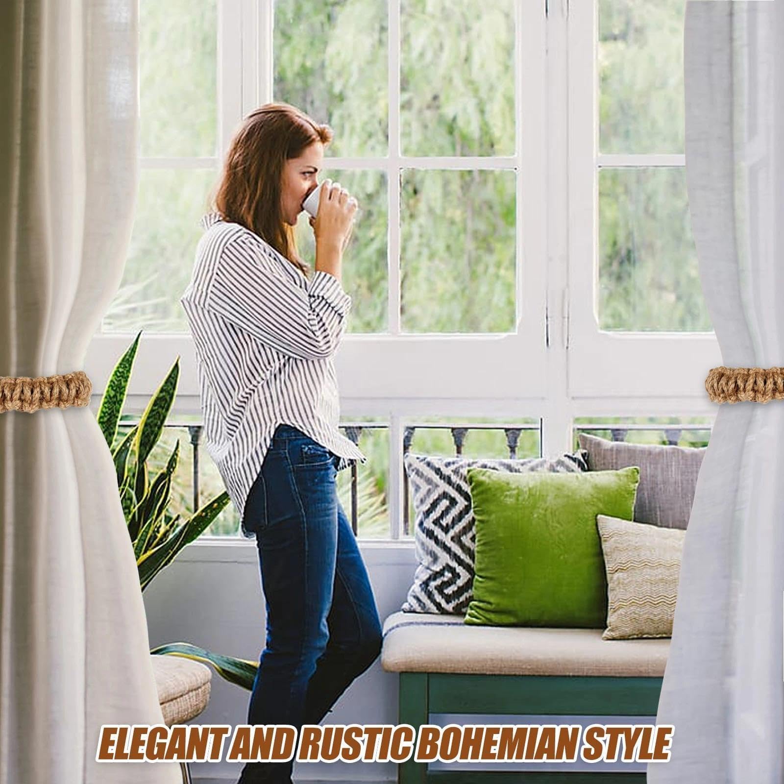 Lot de 4 Crochets de Rideaux tressés bohèmes, Articles de Maison élégants et compacts, Accessoires de Rideaux rustiques élégants, Accessoires décoratifs Faits à la Main pour Maison/Chambre à Coucher