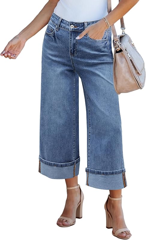 Wide Leg Jeans for Women High Waisted Stretchy Denim Capri Pants