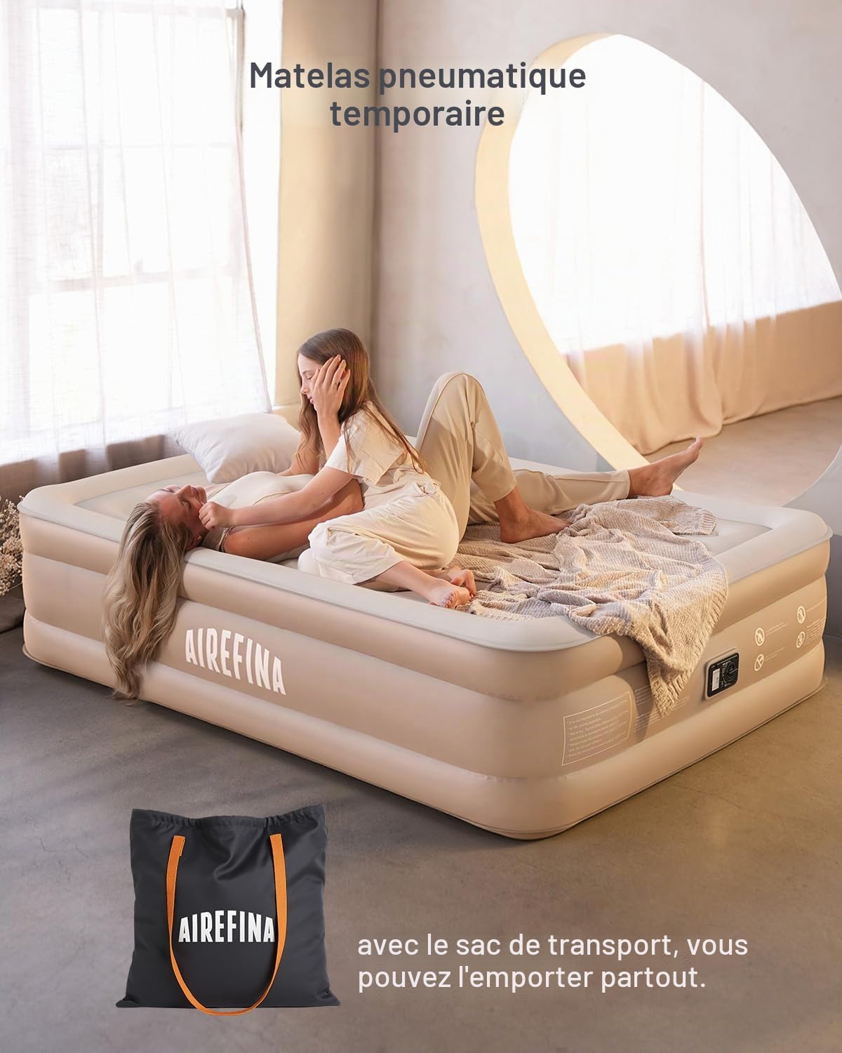 Airefina Matelas Gonflable pour Grand lit avec Pompe intégrée, Matelas Gonflable amélioré de 45,7 cm avec Sac de Transport, Grand lit Gonflable pour Camping, Maison, invités, Colchones gonflables