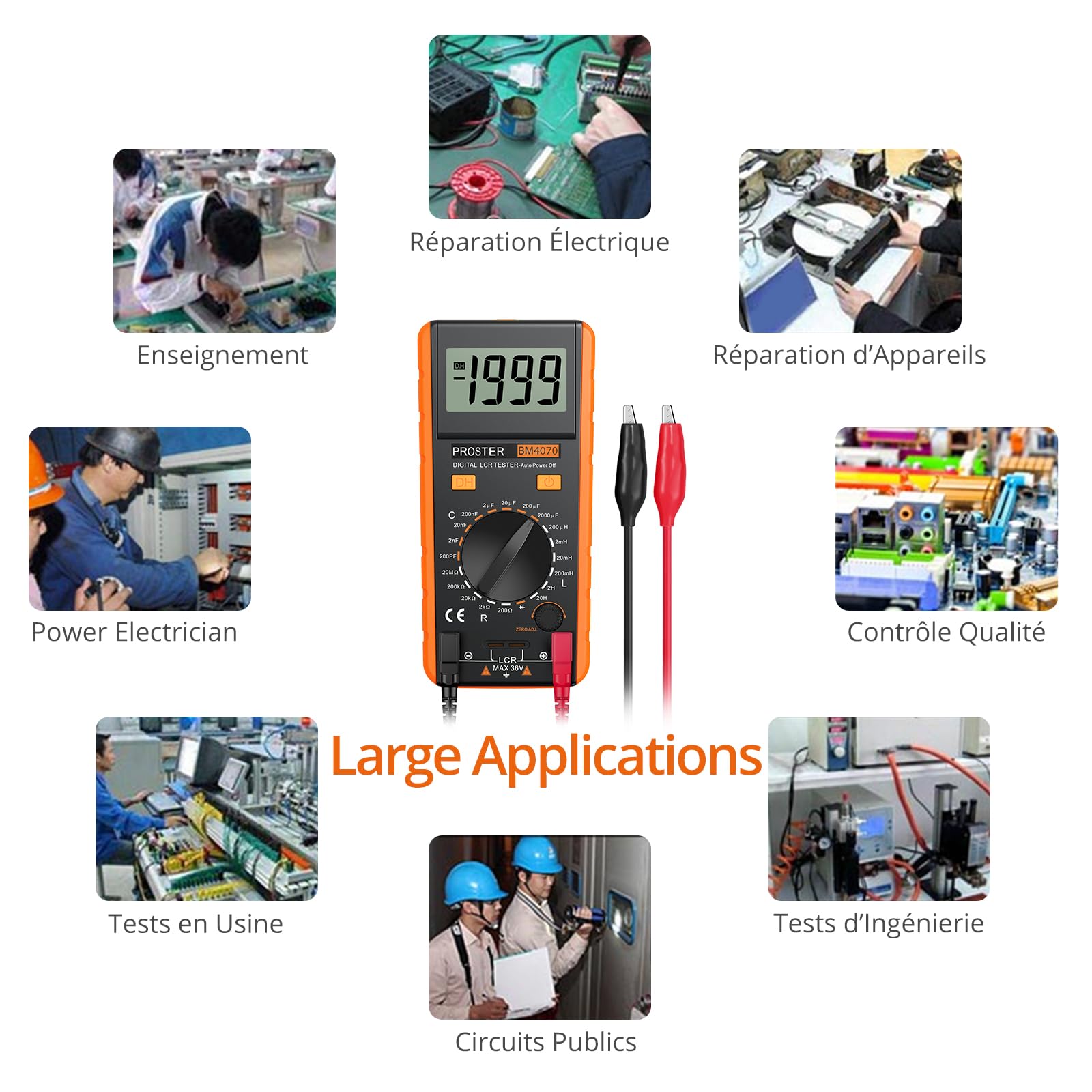 Proster LCR Meter Testeur Portable – Mesure Inductance Capacité Résistance avec Écran LCD 1999 Comptes – Appareil Professionnel de Diagnostic Électronique pour Laboratoire, Réparation PCB