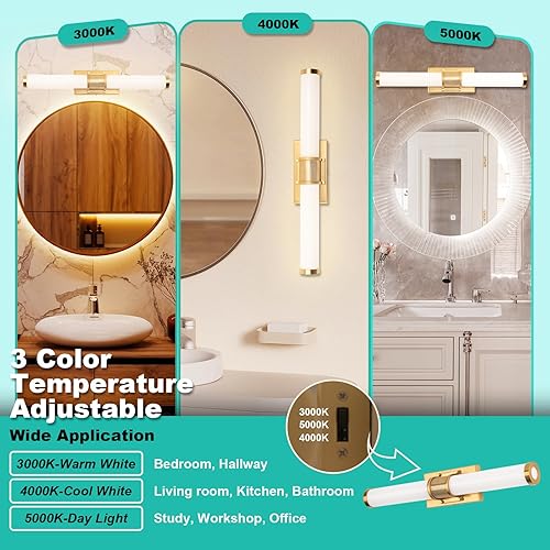Miniatura 4 de Edwarmlux Lámpara de tocador de baño moderna de 24 pulgadas, regulable, 3 colores de temperatura ajustable, luces LED de baño sobre el espejo, barra