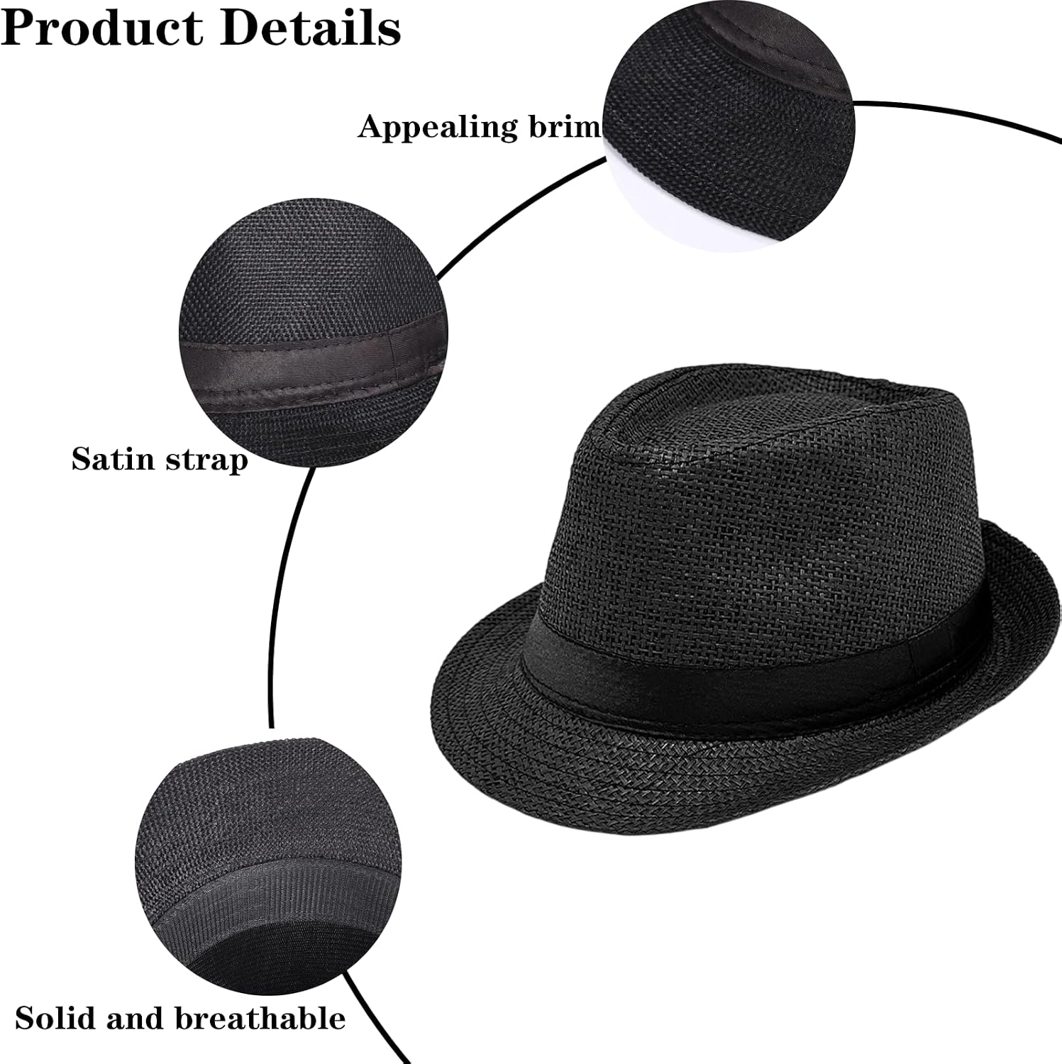 5 Pack Bulk Cuban Fedora Sun Hats Men with ，Short Brim 1920s Unisex Party Costume Hats，Panama Hats for Men Women Party Costume(Black)