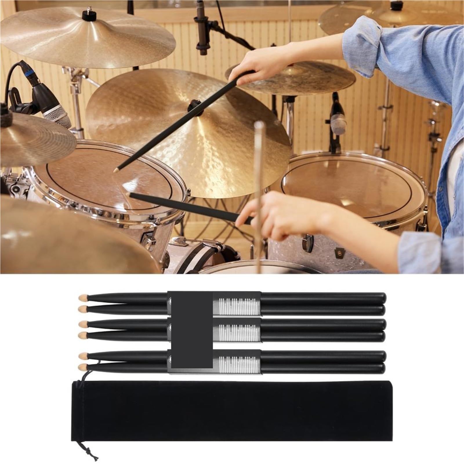 Trommelstöcke 2 Paar Holz Schwarz 5A Drumsticks Klassische Ahornholz Teardrop Kopf Drumsticks Musikinstrumente Zubehör(Black)