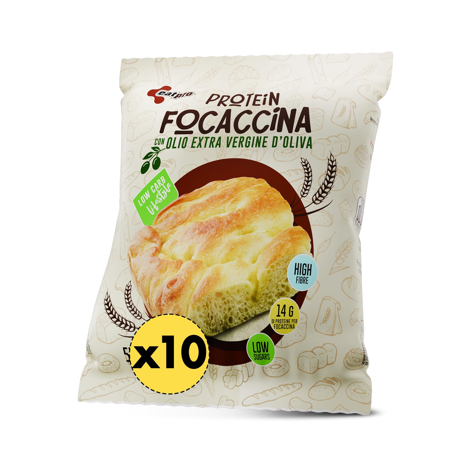 Focaccia Proteica Keto EatPro, 10 Focaccine Da 50g, 7% Carboidrati Netti, 26% Di Proteine, Focaccia Fit Olio Extra Vergine D'Oliva, Spuntini Proteici Low Carb, Keto Diet, Cibo Proteico