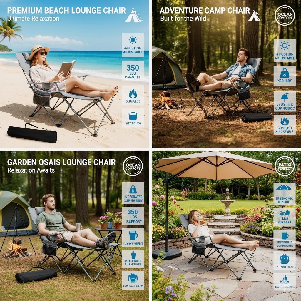 Northroad Foldable Camping Chair w/Foot Rest, Outdoor 6 Legged Beach Chair w/Footrest, Adjustable 90°- 135° Reclining Lounge Chair w/Detachable Pillow, Cup Holder & Carry Bag