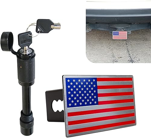 ZBGUN 2 tapones antipolvo para gancho de remolque de automóvil con bandera estadounidense, bloqueo antirrobo de metal pesado de 2 pulgadas con 2