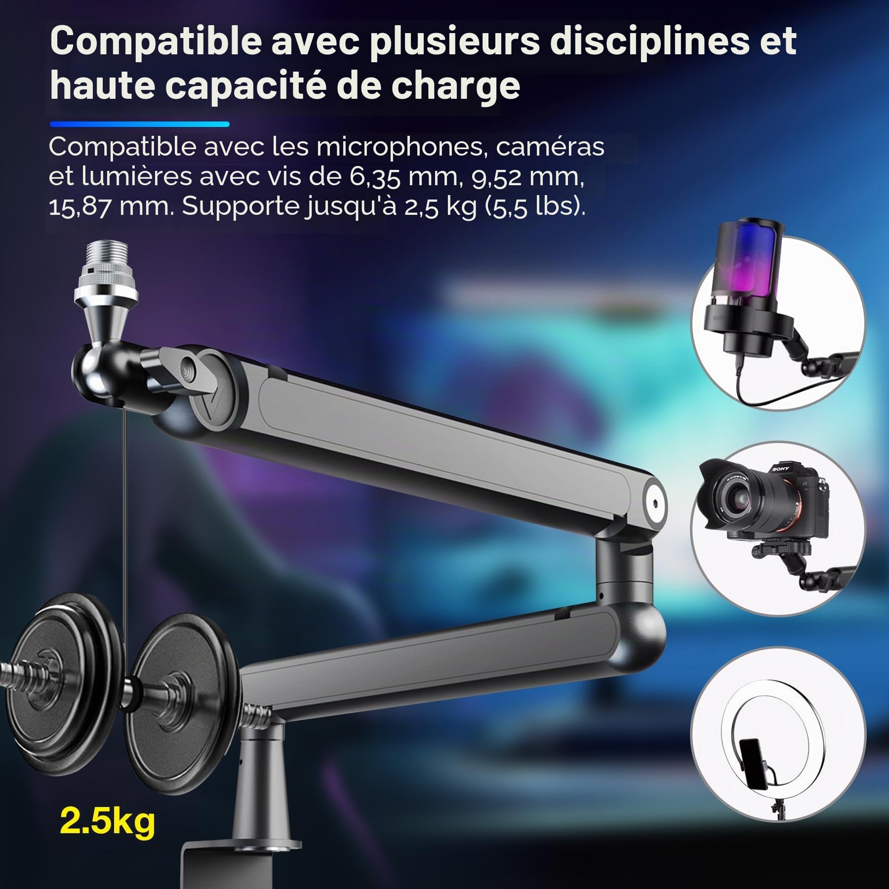 THRONMAX S7 TUNE Bras de Microphone à Profil Bas, Support de Micro à Rotation 360° pour Streaming, Podcast et Jeux, Compatible avec Blue Yeti, HyperX