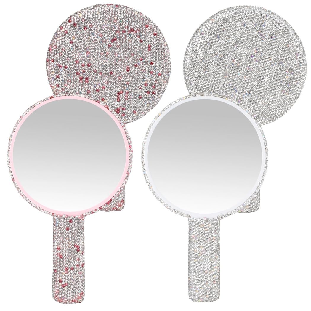 2 STK. Strass-Handspiegel, Schminkspiegel für Damen und Braut, Vintage-Handspiegel, tragbare Deko-Spiegel für Hochzeit, Kosmetik und Salon, Rosa und Weiß