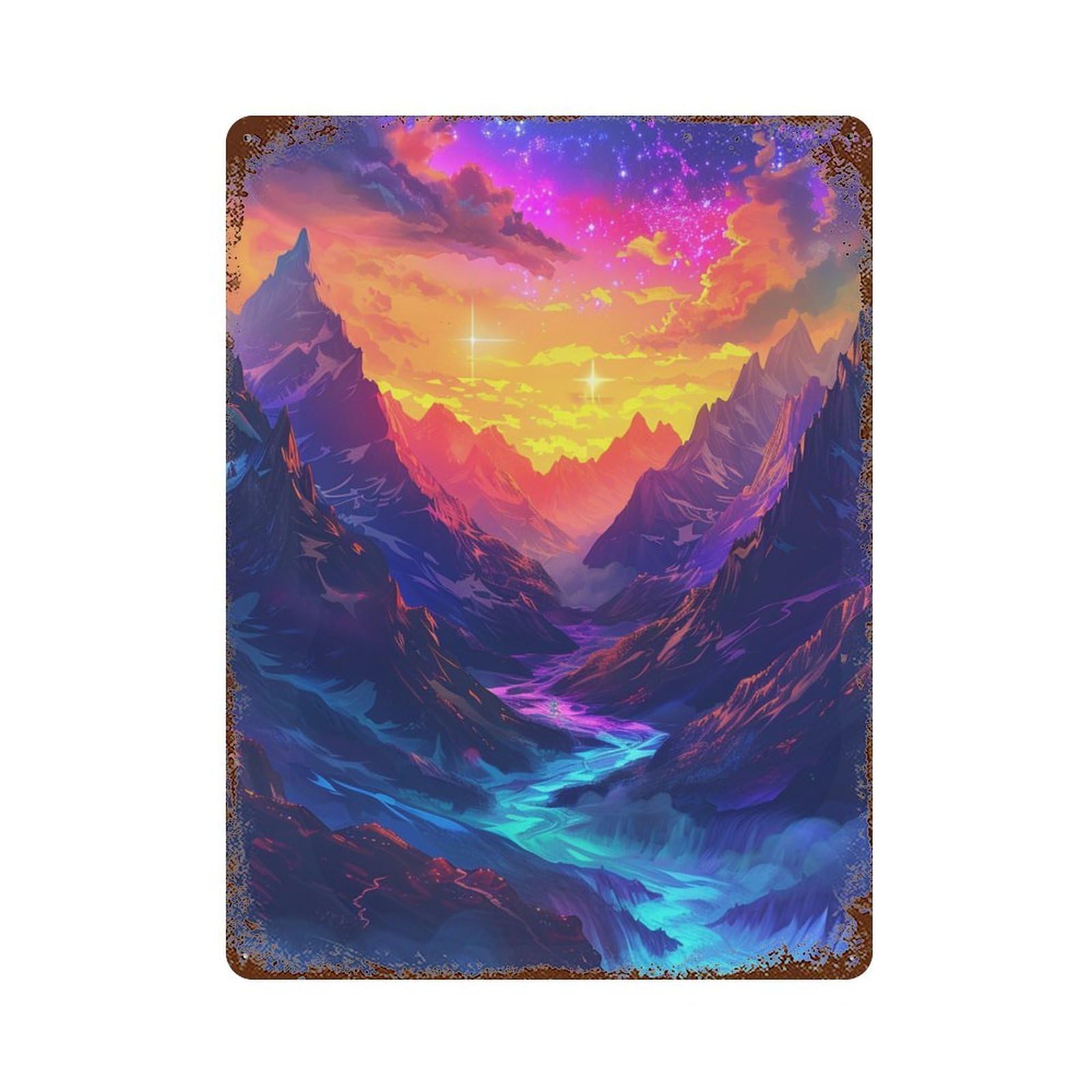 Fantasy Mountain Sunset Decorative Tin Sign 15.7"x11.8", Retro Wall Decor for Garage, Pub Or Kitchen