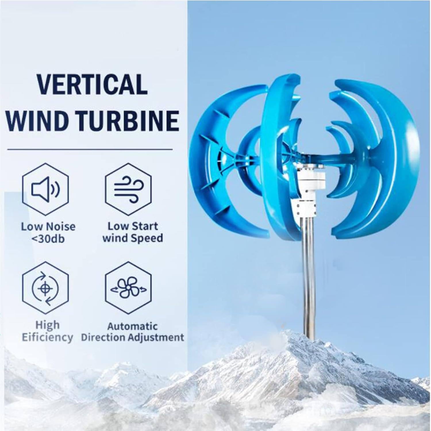 Micro Turbine Eoliche Verticali 12V 24V Generatore Eolico a Magnete Permanente Trifase Generatore Eolico Modello Di Turbina Eolica Ad Asse Verticale, Kit Generatore Eolico Portatile Fai Da ,Blue-24V