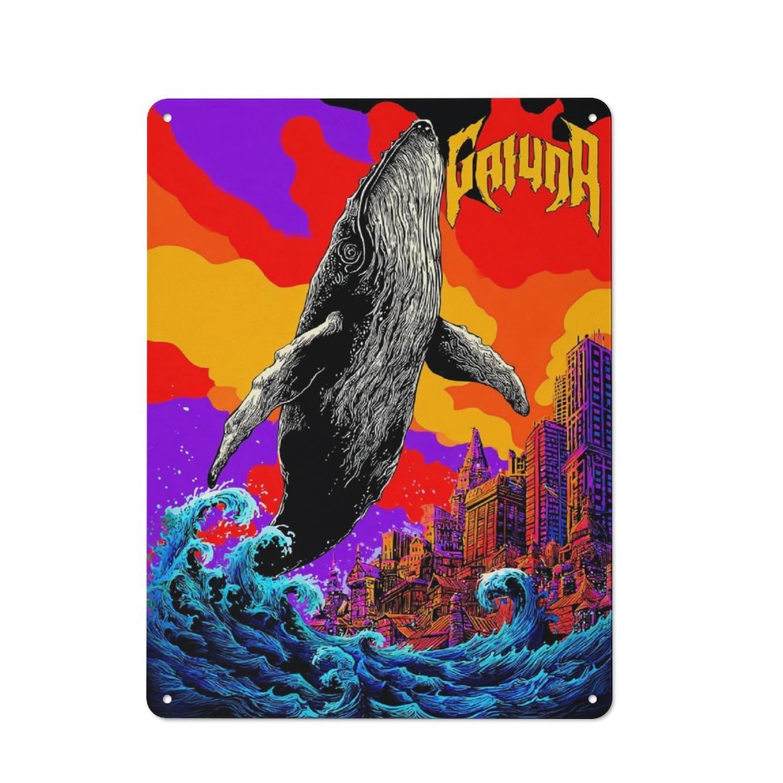Retro Whale Breaching Cityscape Artwork Vintage Tin Sign 40x30cm, Cafe Wall Decor for Kitchen, Cafe, Pantry Or Dining Room