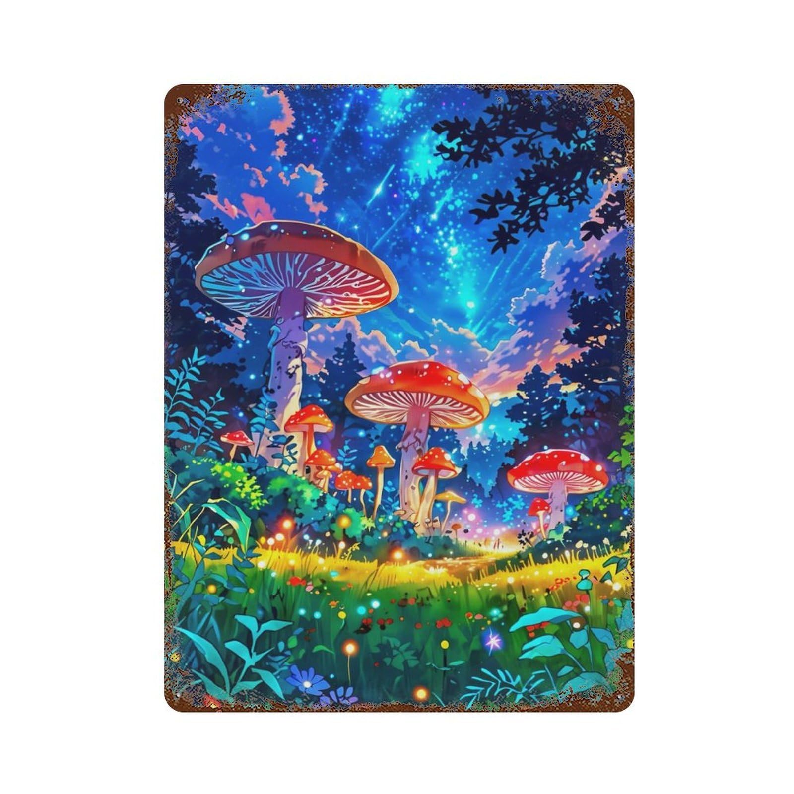 Decorative Tin Sign Mushrooms Blue Sky 15.7"x11.8", Novelty Wall Decor for Shed, Workshop And Garage Wall Decor
