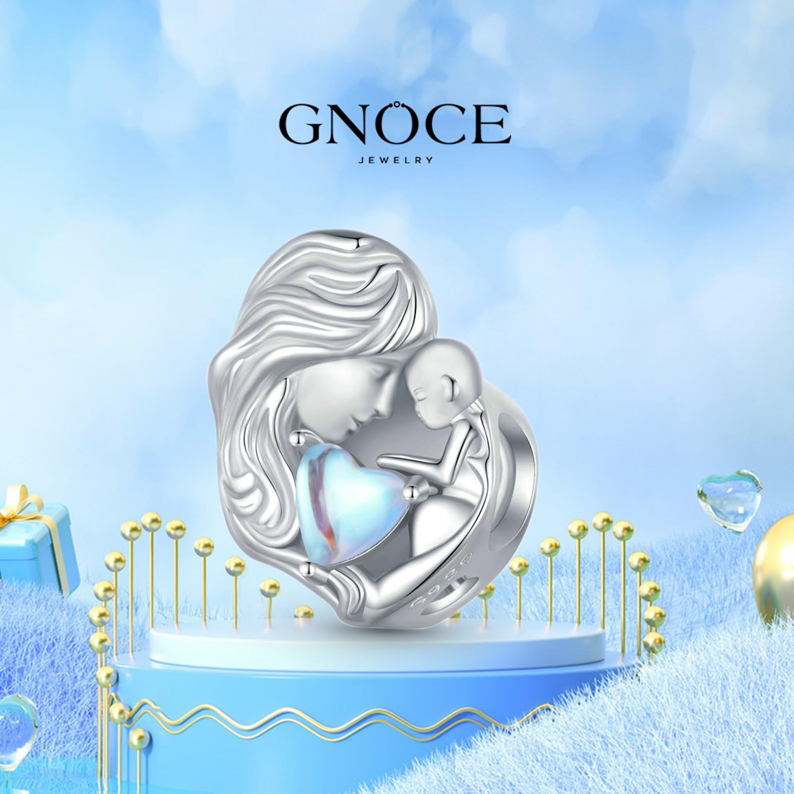 GNOCE Charm Bead Madre e Figlio Moonstone Charms In Argento 925 Con Zirconia Per Bracciali Collane Famiglia