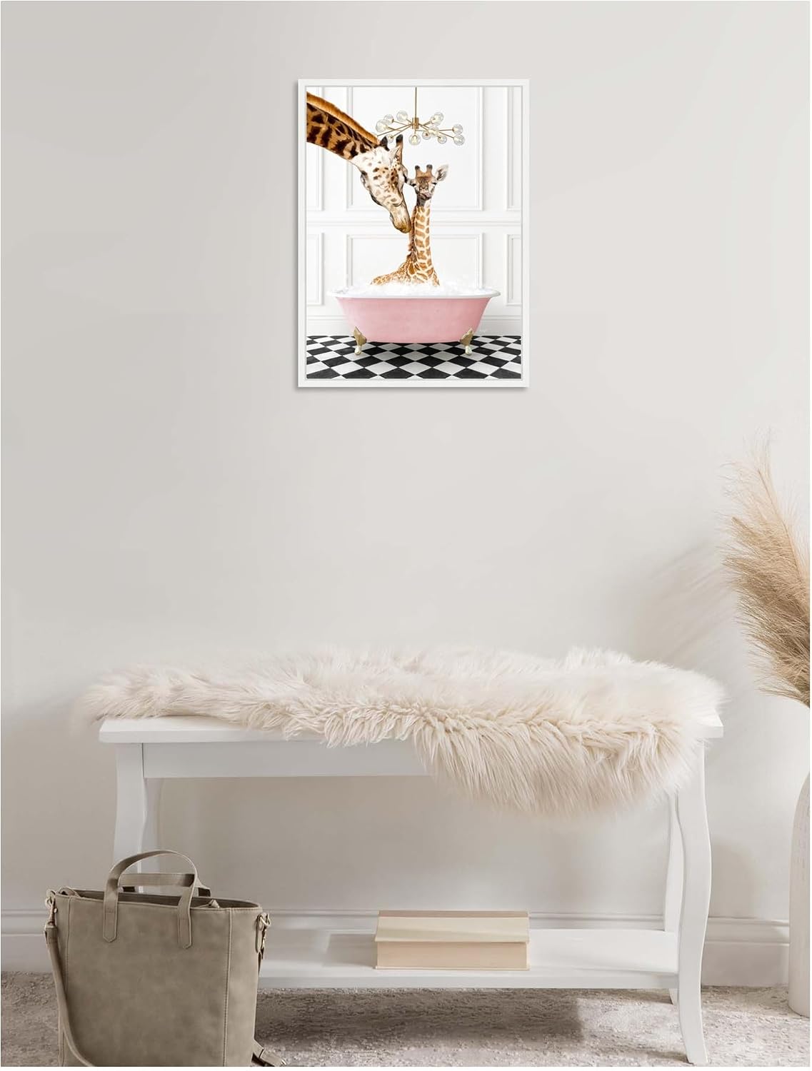 Kate and Laurel Mother and Baby Giraffe in Pink Bathtub on Checker Floor Framed Canvas Wall Art by Amy Peterson 18 x 24 Sylvie White, Whimsical, Animals, Bathroom, Humor Art for Wall Decor, Living