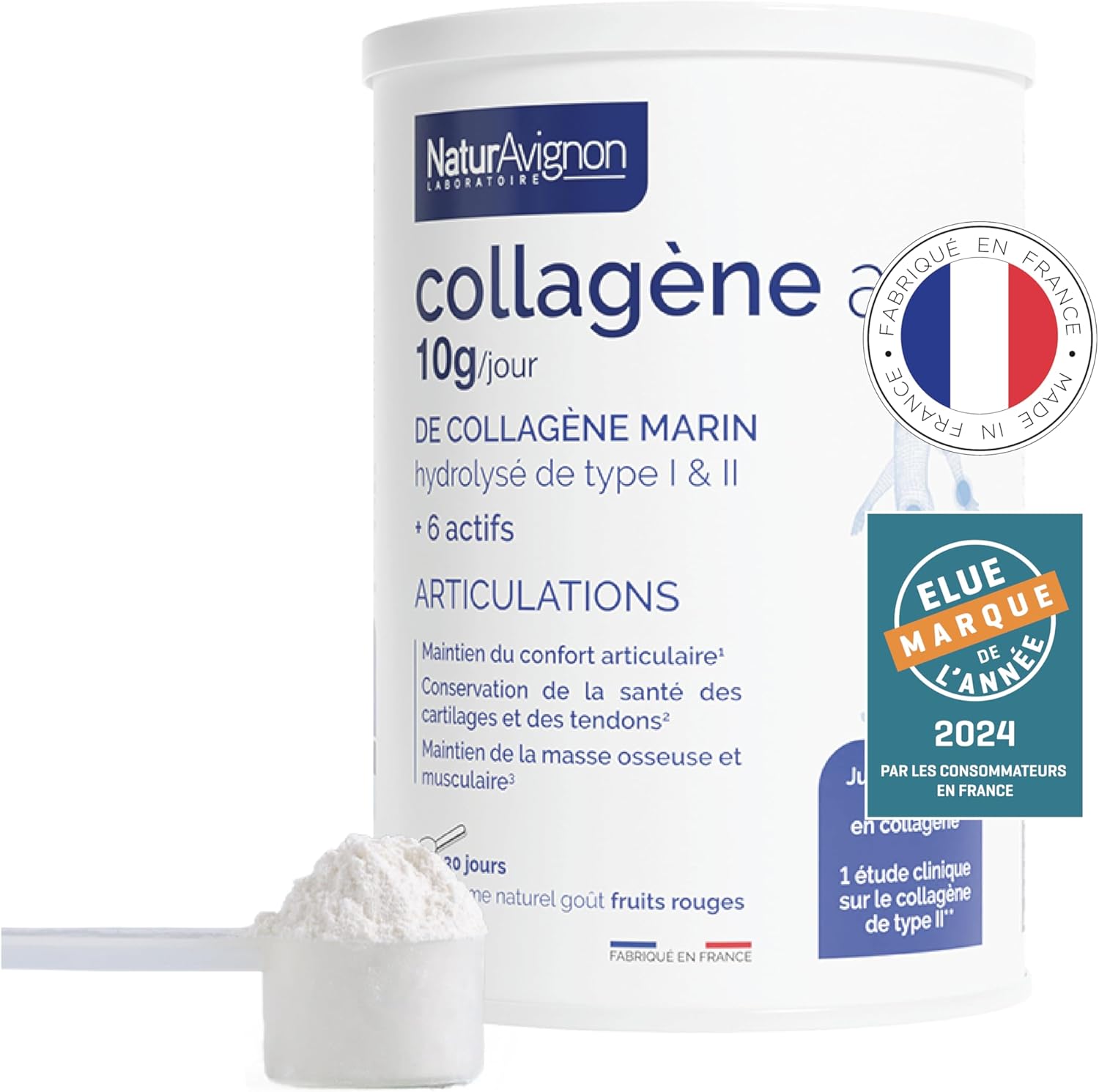 Laboratoire NaturAvignon Hydrolyzed Marine Collagen Type 1 and 2 Powder | Joints, Bones, Cartilages | 10 g Marine Collagen per Serving | Red Fruit Flavour | Made in France | 375 g