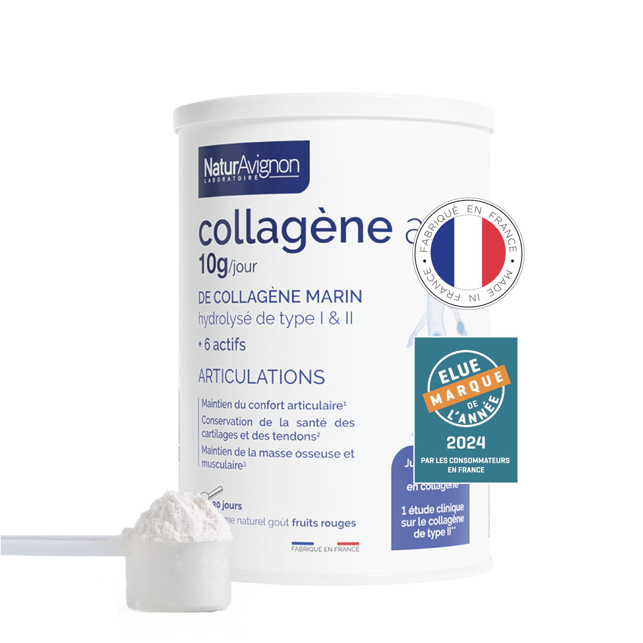 Laboratoire NaturAvignon Collagene Marin hydrolysé type 1 et 2 en poudre | Articulations, os, cartilages | 10g collagène marin par portion | Saveur fruit rouge | Fabriqué en France | 375g
