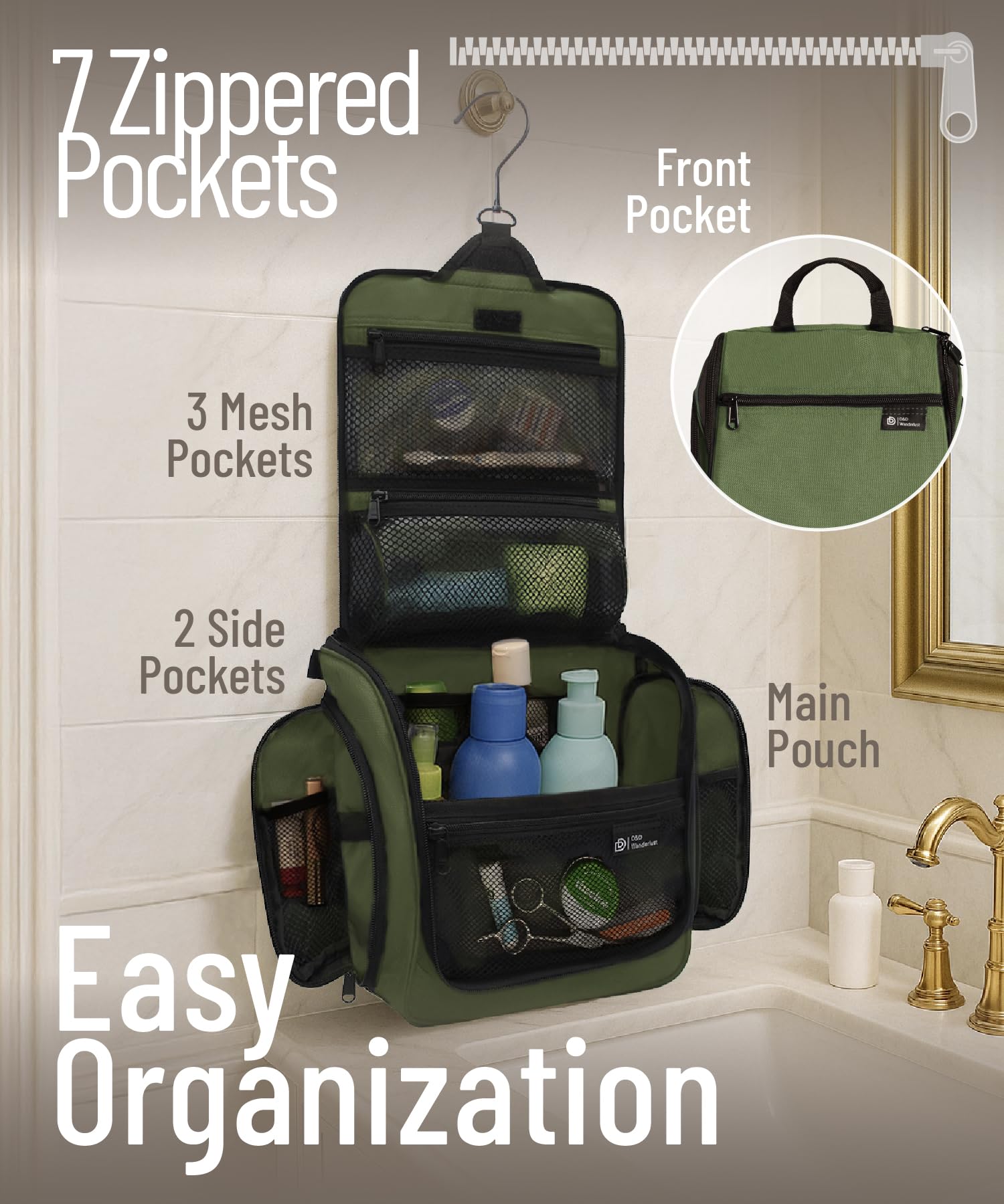 D&D - Neceser Colgante de Viaje para Hombre y Mujer | Organizador Extragrande con 10 Compartimentos, Cremalleras, Gancho Giratorio de Metal XXL, Nailon Resistente al Agua