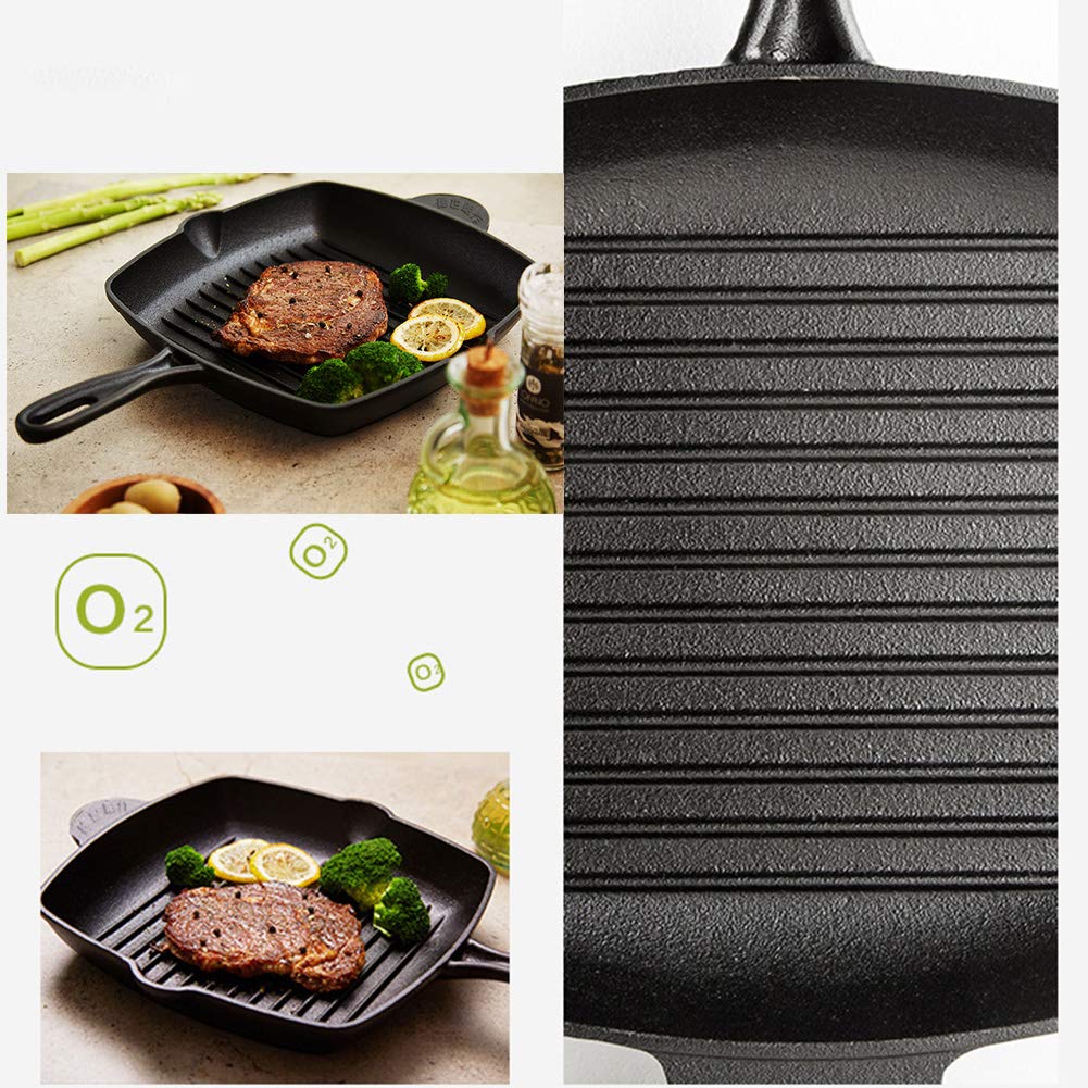Quadratische Grillpfanne aus Gusseisen, quadratische Bratpfanne/fettfreie Fritteuse, & Elektroherde, zum Braten von Steaks, BBQ-Bratpfanne, schwarz