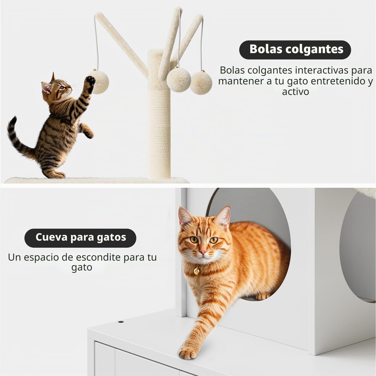 Mueble Arenero para Gatos con Rascador y Cueva – Mueble De Madera Oculto con Rascador De Sisal, Zona De Descanso Suave y Juegos Multinivel para Gatos