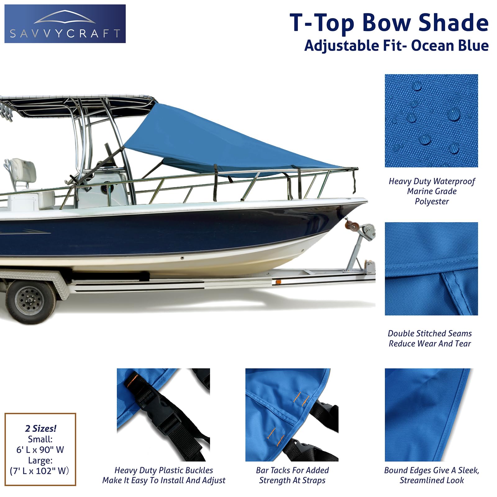 SavvyCraft T-Top Bow Shade, UV Protection Extension 600D Marine Grade Polyester T-Top Boat Bow Area Sun Shade, 7'L x 102