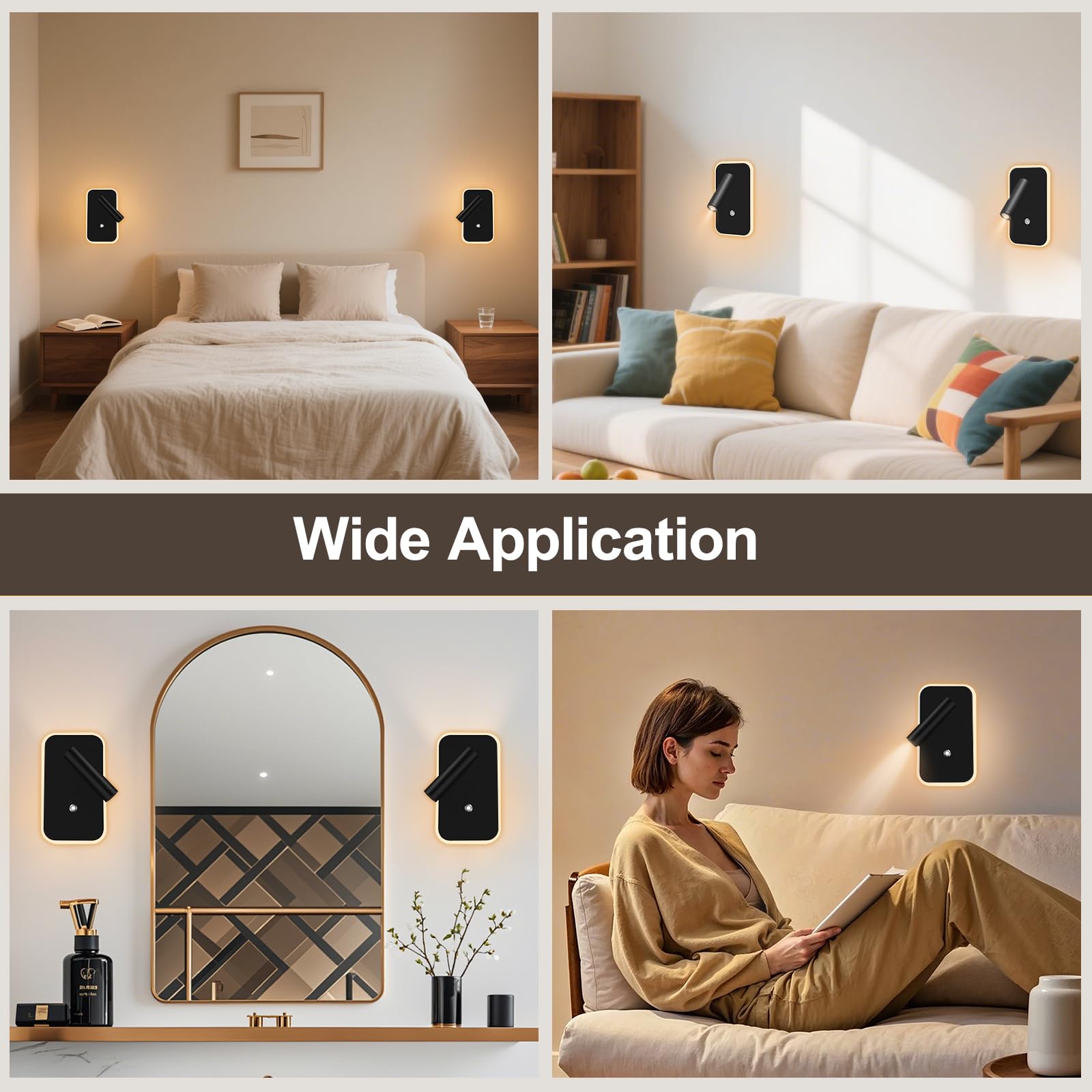 Lampe tête de lit 3W+9W 3000K, lumière de lecture murale avec interrupteur d'atténuation continue et port USB, applique de chevet noir 2 pièces