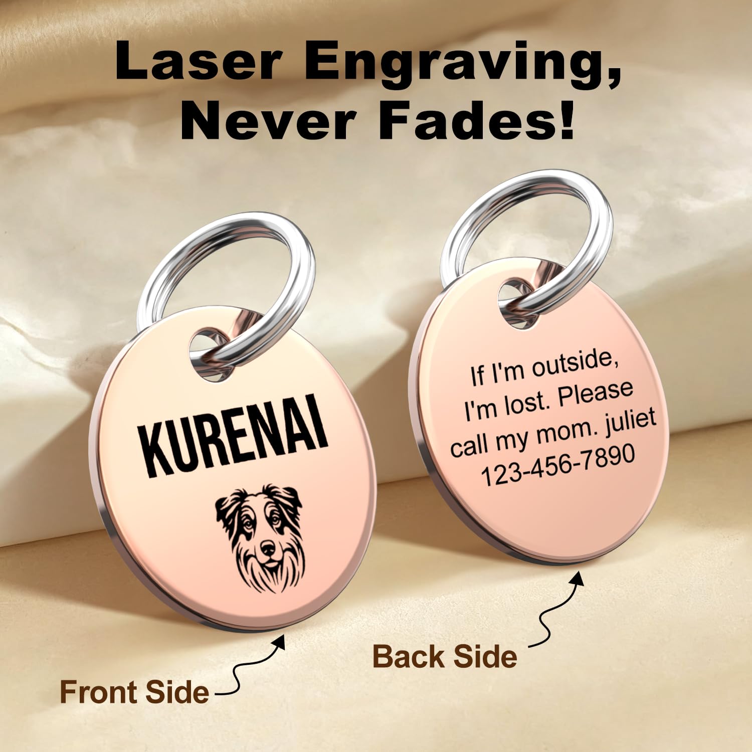 Médaille d'identification double face personnalisée avec gravure laser - plaque ronde en acier inoxydable poli pour chien et chat