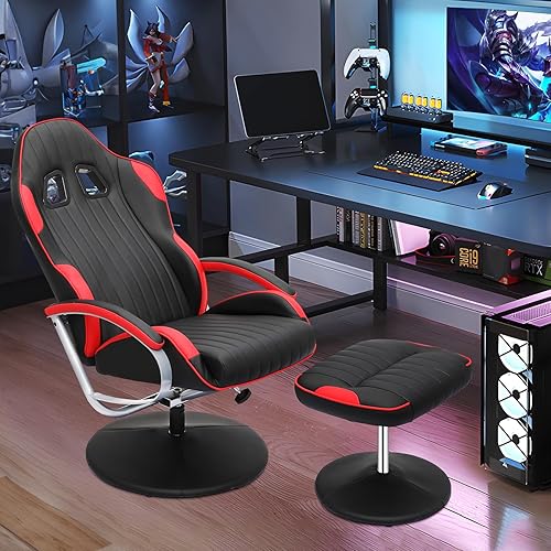 Miniatura 2 de Magshion Sillón reclinable para juegos con otomana, espalda ajustable, giratoria, de piel sintética, con reposapiés, soporte lumbar, silla de