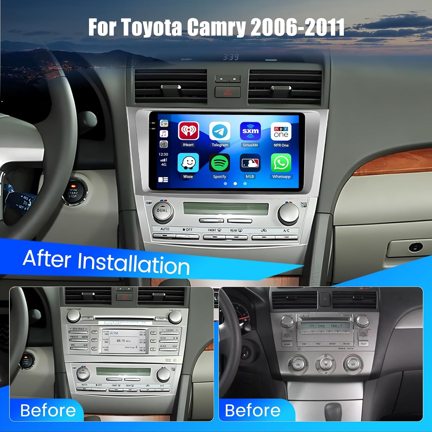 Hikity 4+64G for Toyota Camry 2006-2011 Android 15 Car Stereo, 9” Incell Touchscreen Radio Wireless CarPlay/Android Auto Bluetooth GPS Navigation WiFi FM/RDS + AHD Backup Camera