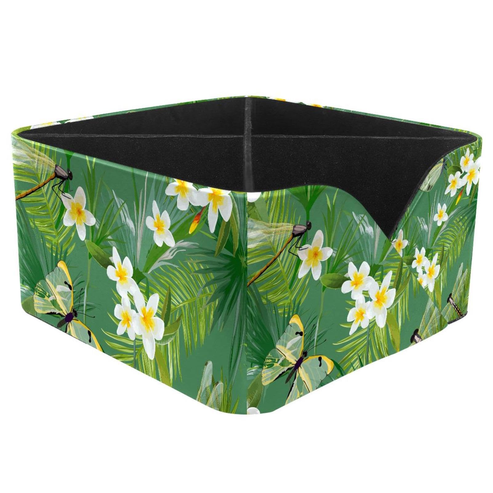 KengjuTesu Jungle Floral Palm Tree Leaves Dragonflies Pattern Desktop Organizer Pen Holder, Rectangular Pencil Cup for Office, Study and Makeup Stations